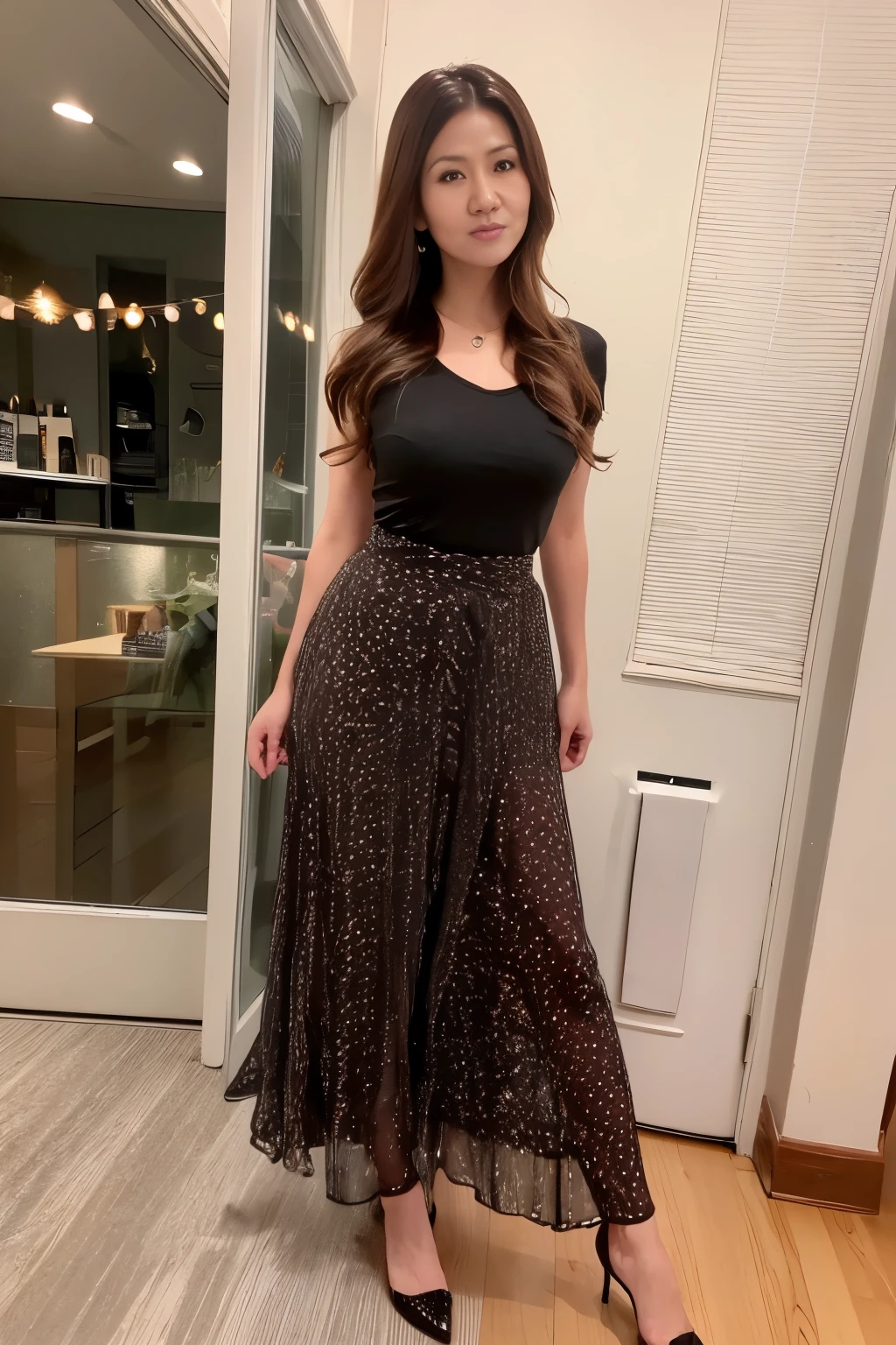 ((Top quality, 8K, tmasterpiece:1.3)), Natasha, focus, high quality, high resolution, solo, beauty, eye wrinkles, charm, full body, necklace, wearing black night skirt for clubbing