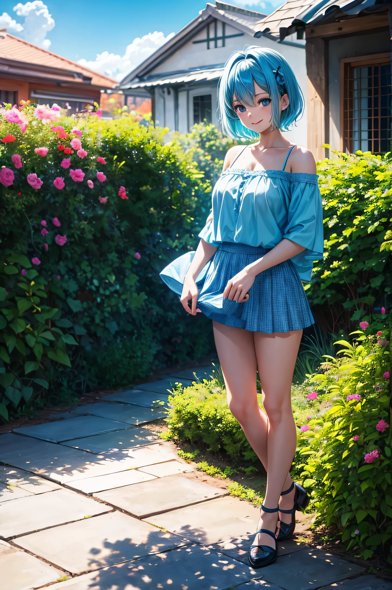 HDR , ultra details , cyan hair , short hair , standing , smile , garden ,sexy pose , sun , sunlight , short skirt , off shoulder top , soft light