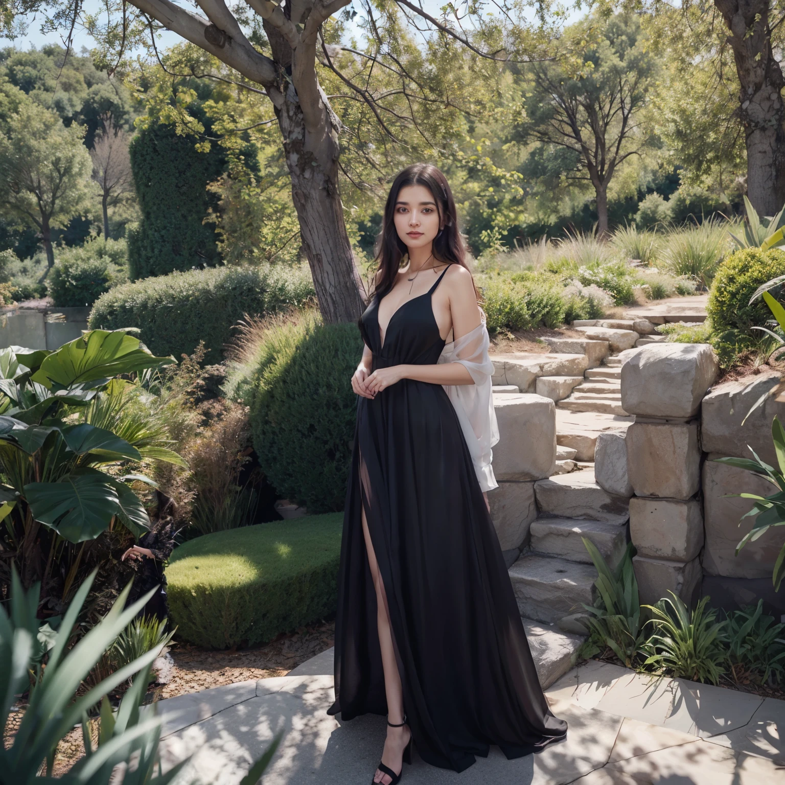 araffe woman in a black dress standing in front of a tree, wearing an evening gown, flowing black gown, wearing an elegant dress, black gown, in paris, valentina remenar, an elegant woman in black dress, by Silvia Pelissero, by Emma Andijewska, by Olivia Peguero, full black dress, instagram post