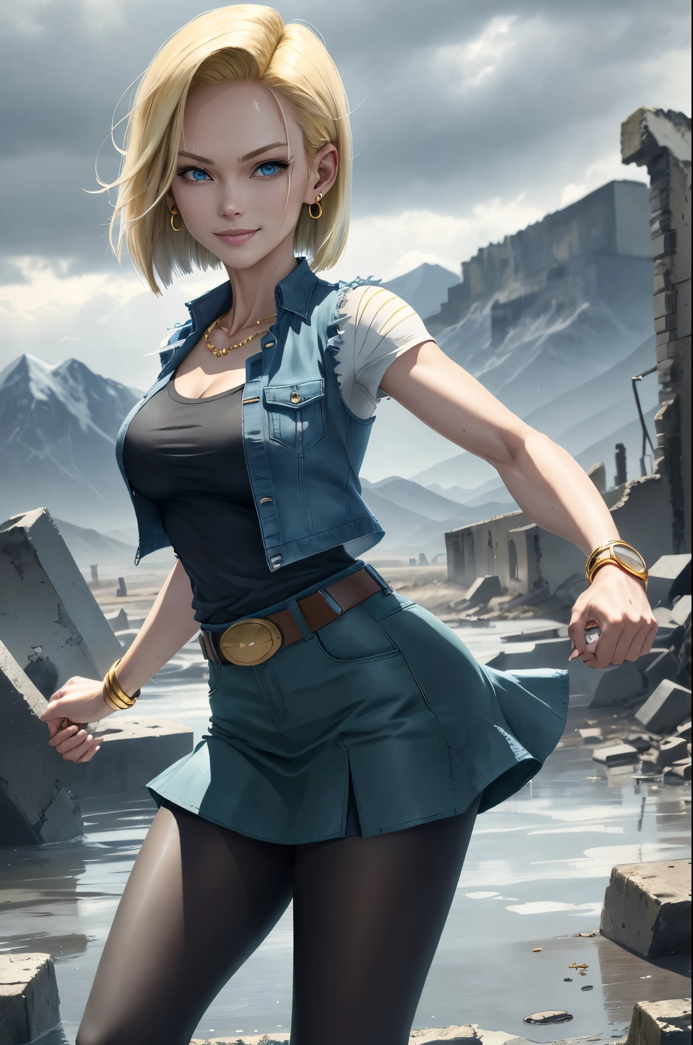 best quality, highres, and18, 1girl, android 18, solo, blonde hair, blue eyes, belt, demin skirt, gold_necklace, bracelet, closed fists, black shirt, short hair, long striped sleeves, earrings, blue skirt, open vest, denim vest, medium breasts, cowboy shot, mountains, straight-on, (weather: raining), wet clothes, sexy smile, combat stance, full length pantyhose, battle ruins,