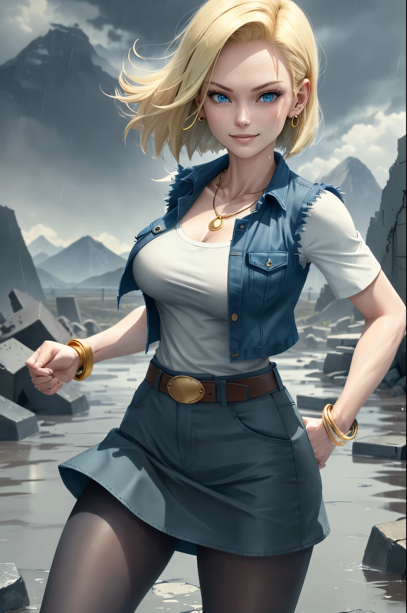 best quality, highres, and18, 1girl, android 18, solo, blonde hair, blue eyes, belt, demin skirt, gold_necklace, bracelet, closed fists, black shirt, short hair, long striped sleeves, earrings, blue skirt, open vest, denim vest, medium breasts, cowboy shot, mountains, straight-on, (weather: raining), wet clothes, sexy smile, combat stance, full length pantyhose, battle ruins,