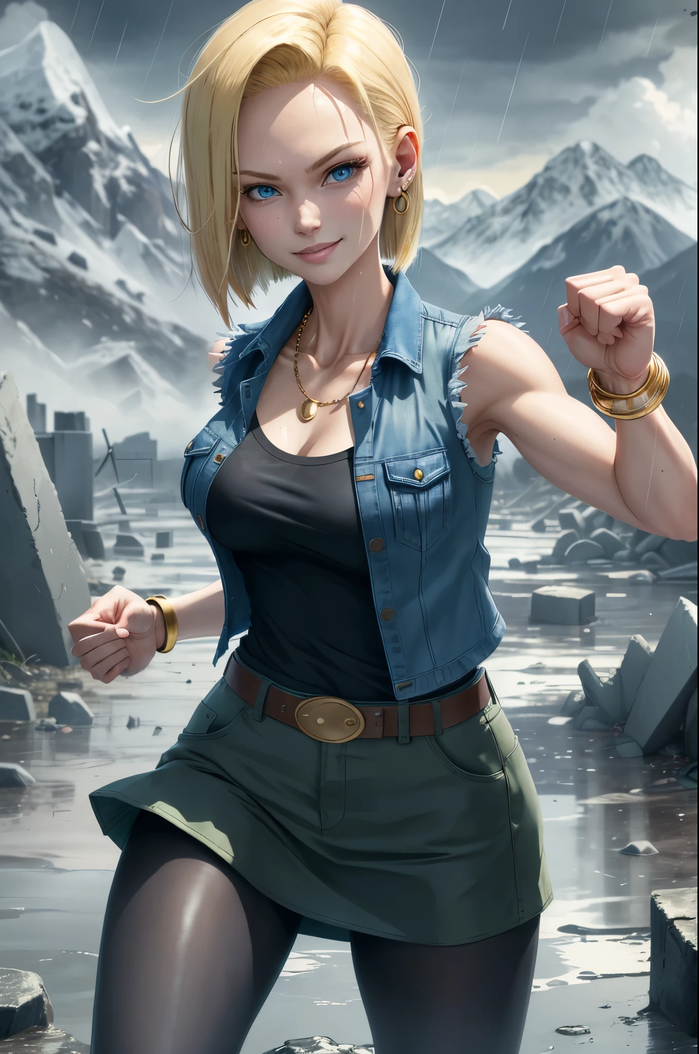 best quality, highres, and18, 1girl, android 18, solo, blonde hair, blue eyes, belt, demin skirt, gold_necklace, bracelet, closed fists, black shirt, short hair, long striped sleeves, earrings, blue skirt, open vest, denim vest, medium breasts, cowboy shot, mountains, straight-on, (weather: raining), wet clothes, sexy smile, combat stance, full length pantyhose, battle ruins,