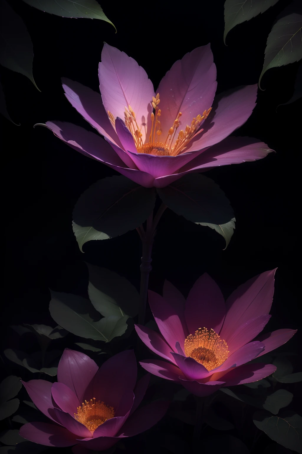 In this captivating RAW image sequence, an Astromeliad flower comes to life against a deep, black background. The flower's intricate details, particularly its vivid center, are brought to the forefront through meticulously controlled artificial lights and a low depth of field. The scene exudes a professional, fotorealistic tone, making every detail stand out in high definition and 4K UHD. The Astromeliads in bloom contrast beautifully with the dark, textured forest backdrop, creating dramatic shadows that emphasize their vibrant and delicate texture. This grain-free image captures the essence of the Astromeliad flower in stunning detail.