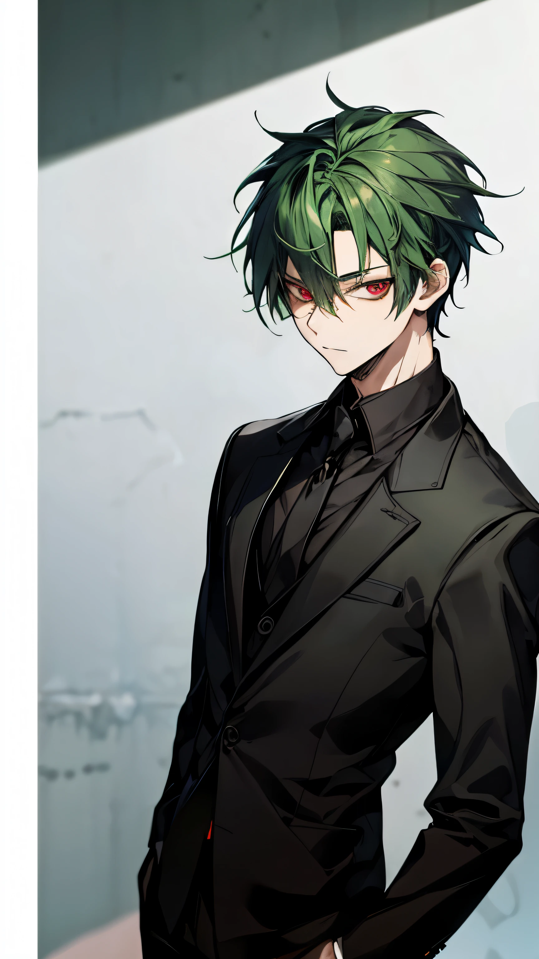 Green hair and eyes, boy, teenager, red eyes, mysterious, cool, model, black suit, photoshoot, main character, bust up