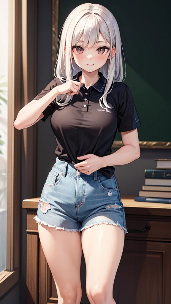 (best quality, highres, masterpiece:1.2), ultra-detailed, realistic:1.37, white-haired woman, school, tall, brown eyes, fair skin, elegant, confident smile, wearing a blue short sleeve polo shirt and jeans, standing in front of desk