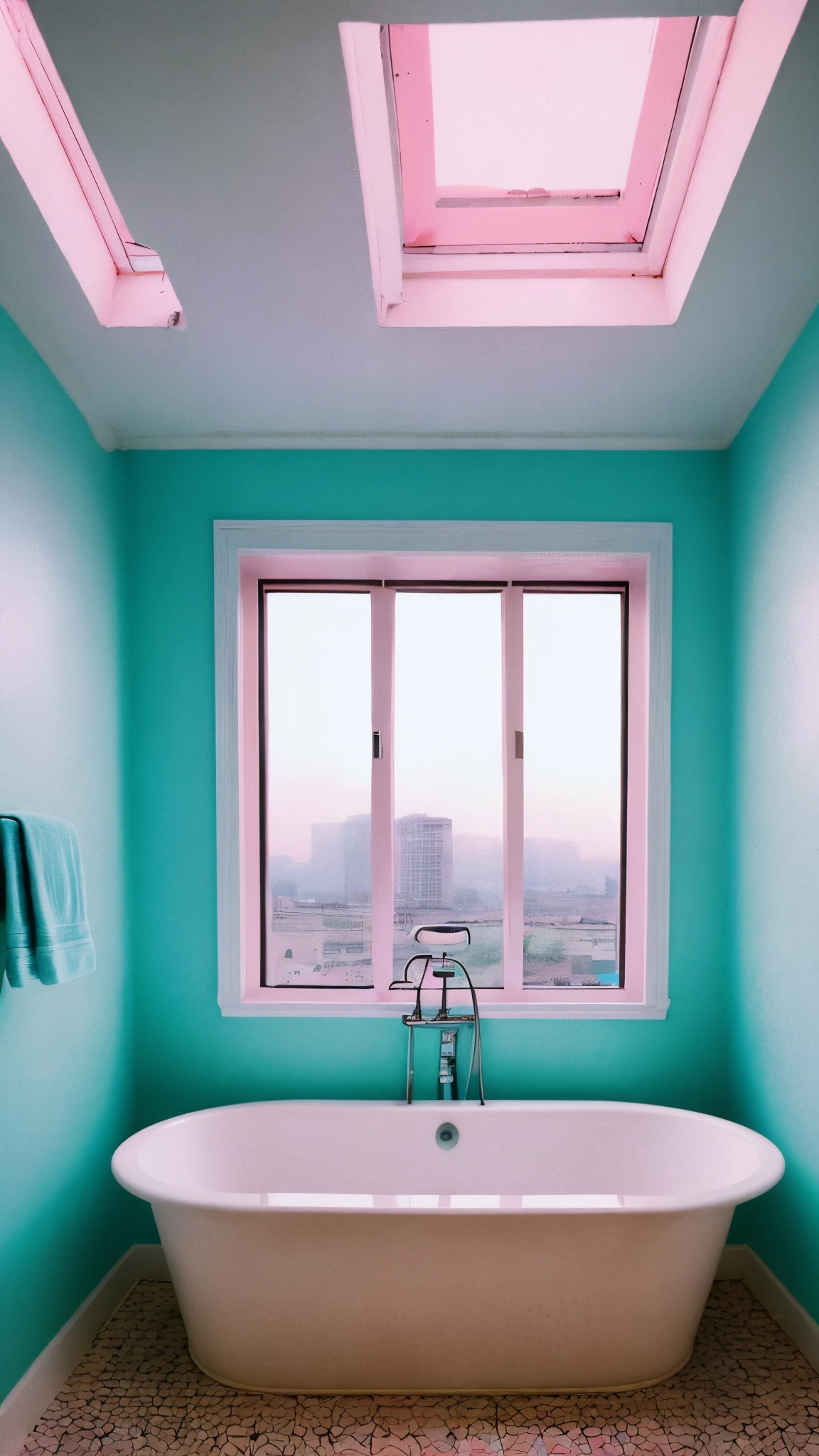 there is a pink bathroom with a large tub and a large window, a photorealistic painting inspired by Elsa Bleda, tumblr, aestheticism, in style of petra collins, petra collins, vintage aesthetic, beautiful aesthetic, retro aesthetic, pink hues, 1 9 8 0 s aesthetic, moody : : wes anderson, 1980s aesthetic, 80s aesthetic