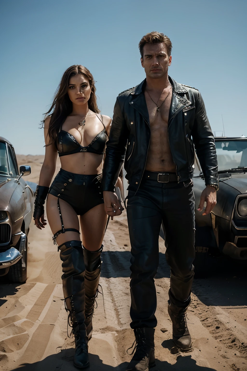 Beautiful woman and man, superior quality, masterpiece, hyperrealistic: 1.3, (very detailed faces and full bodies: 1.3, 8k or higher), Mad Max fashion style, (intricately styled hair and set design), every detail perfectly proportioned and defined, (dramatic cinematic lighting), 3D.
A stunningly beautiful woman and man are the center of this hyperrealistic work of art. Their intricately detailed faces and complete bodies are rendered with utmost care, resulting in a highly lifelike image that captures every nuance of their features. The woman wears a stylish Mad Max outfit, with every detail of her intricately