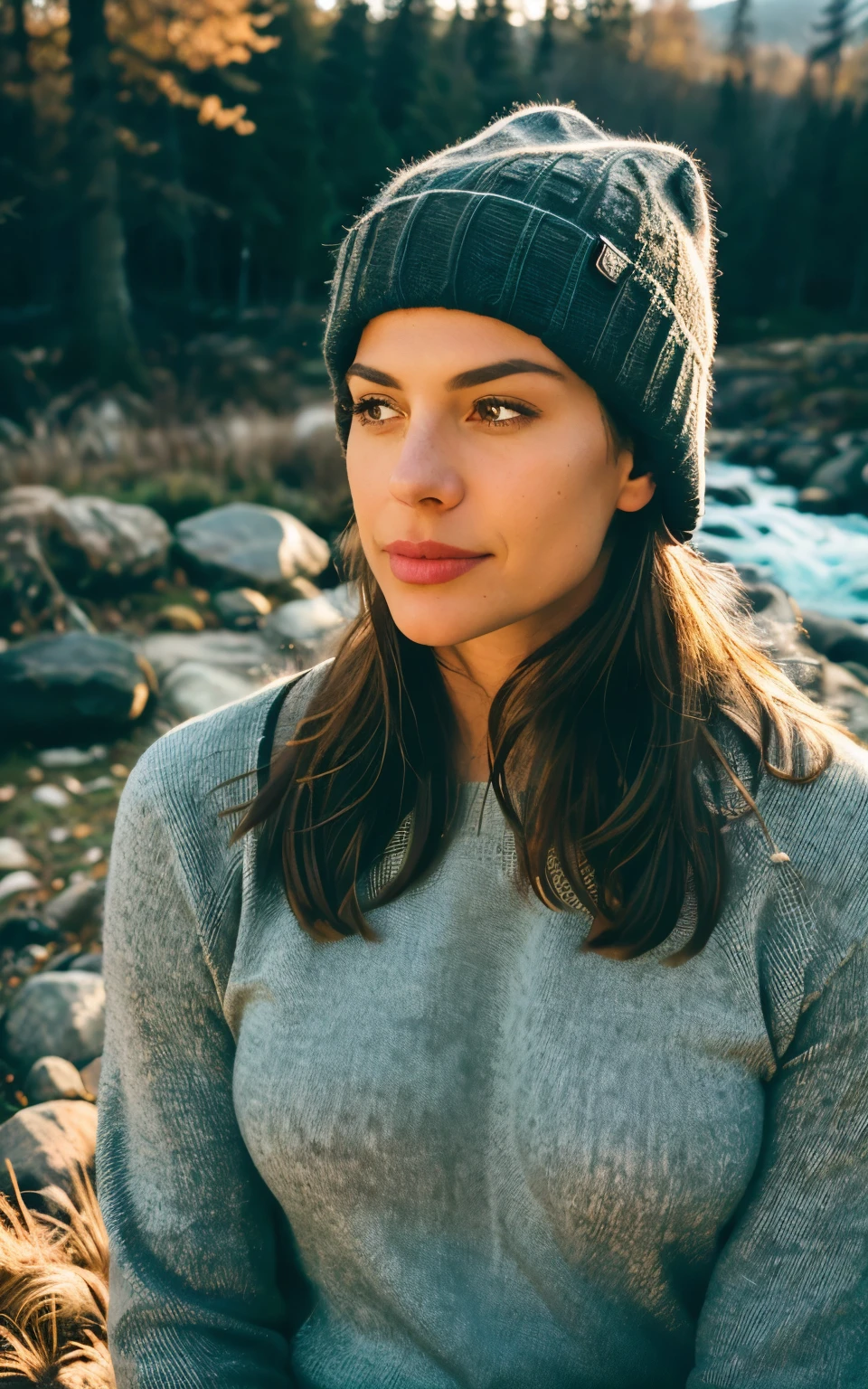 1 woman ((upper body selfie, happy)), masterpiece, best quality, ultra-detailed, solo, outdoors, (night), mountains, nature, (stars, moon) cheerful, happy, backpack, sleeping bag, camping stove, water bottle, mountain boots, gloves, sweater, hat, flashlight, forest, rocks, river, wood, smoke, shadows, contrast, clear sky, analog style (look at viewer:1.2) (skin texture) (film grain:1.3), (warm hue, warm tone:1.2), close up, cinematic light, sidelighting, ultra high res, best shadow, RAW, upper body, wearing pullover