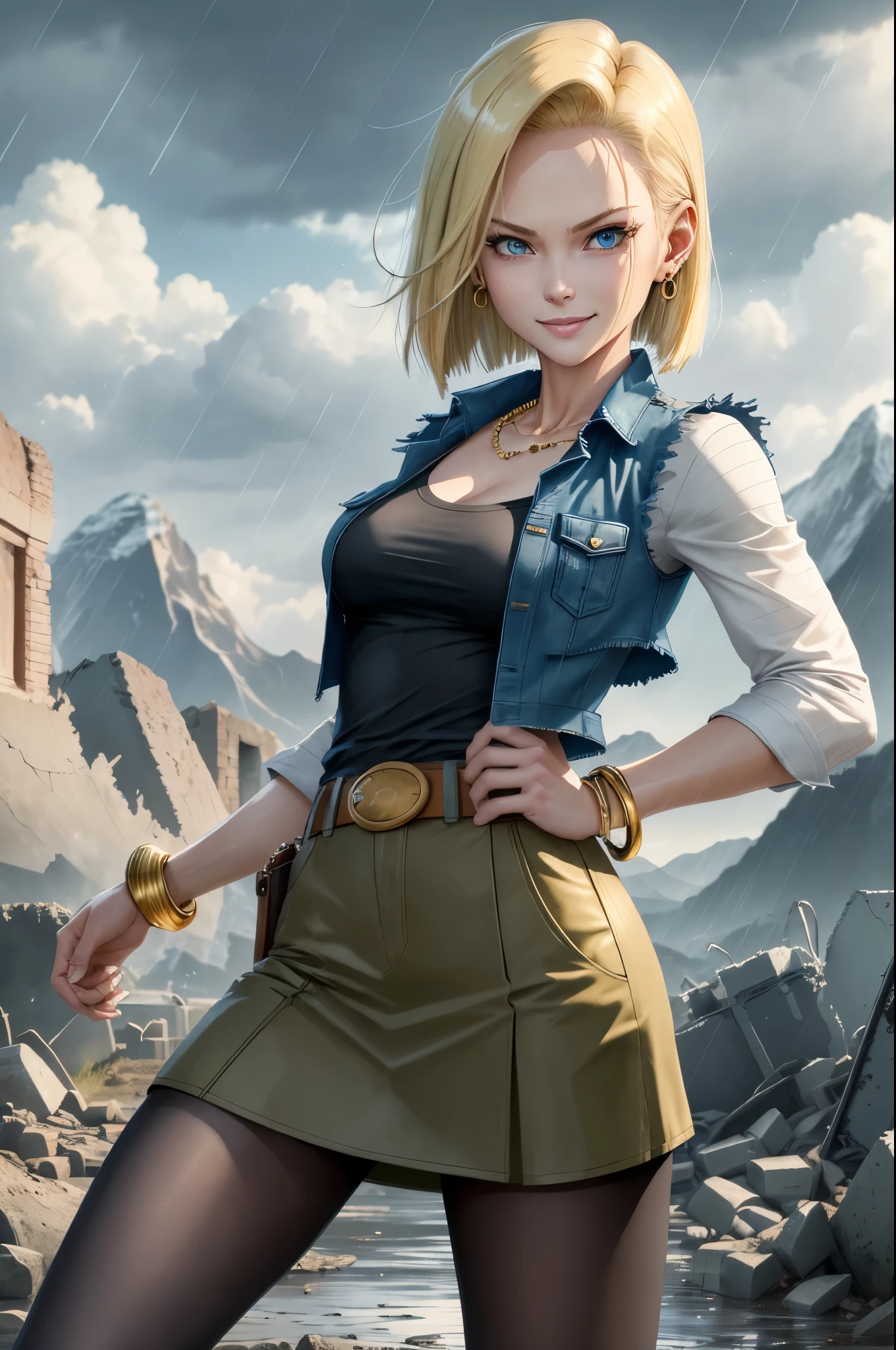 best quality, highres, and18, 1girl, android 18, solo, blonde hair, blue eyes, belt, demin skirt, gold_necklace, bracelet, closed fists, black shirt, short hair, long striped sleeves, earrings, blue skirt, open vest, denim vest, medium breasts, cowboy shot, mountains, straight-on, (weather: raining), wet clothes, sexy smile, combat stance, full length pantyhose, battle ruins,