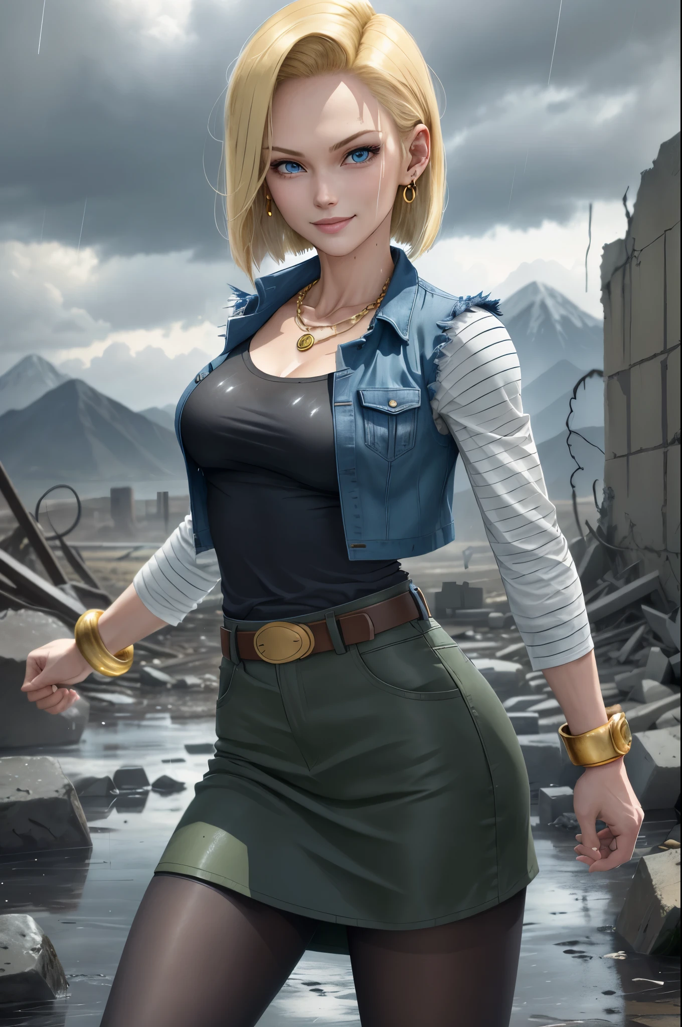 best quality, highres, and18, 1girl, android 18, solo, blonde hair, blue eyes, belt, demin skirt, gold_necklace, bracelet, closed fists, black shirt, short hair, long striped sleeves, earrings, blue skirt, open vest, denim vest, medium breasts, cowboy shot, mountains, straight-on, (weather: raining), wet clothes, sexy smile, combat stance, full length pantyhose, battle ruins,