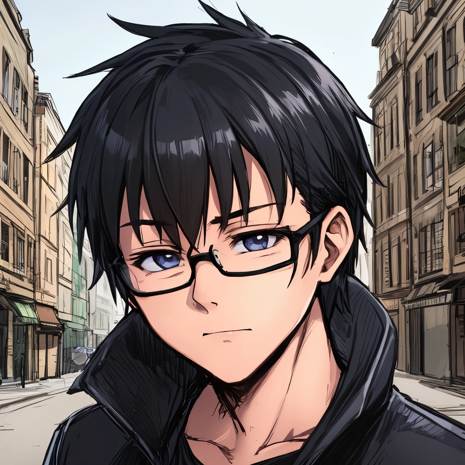 (best quality,anime style,close-up,direct,young man,bust shot,wearing a hoodie, Baldness,wearing glasses,bushy eyebrows,slender eyes,serene expression,very sleepy face,in-focus on the face,low saturation,cloudy sky,daytime,buildings in the background)