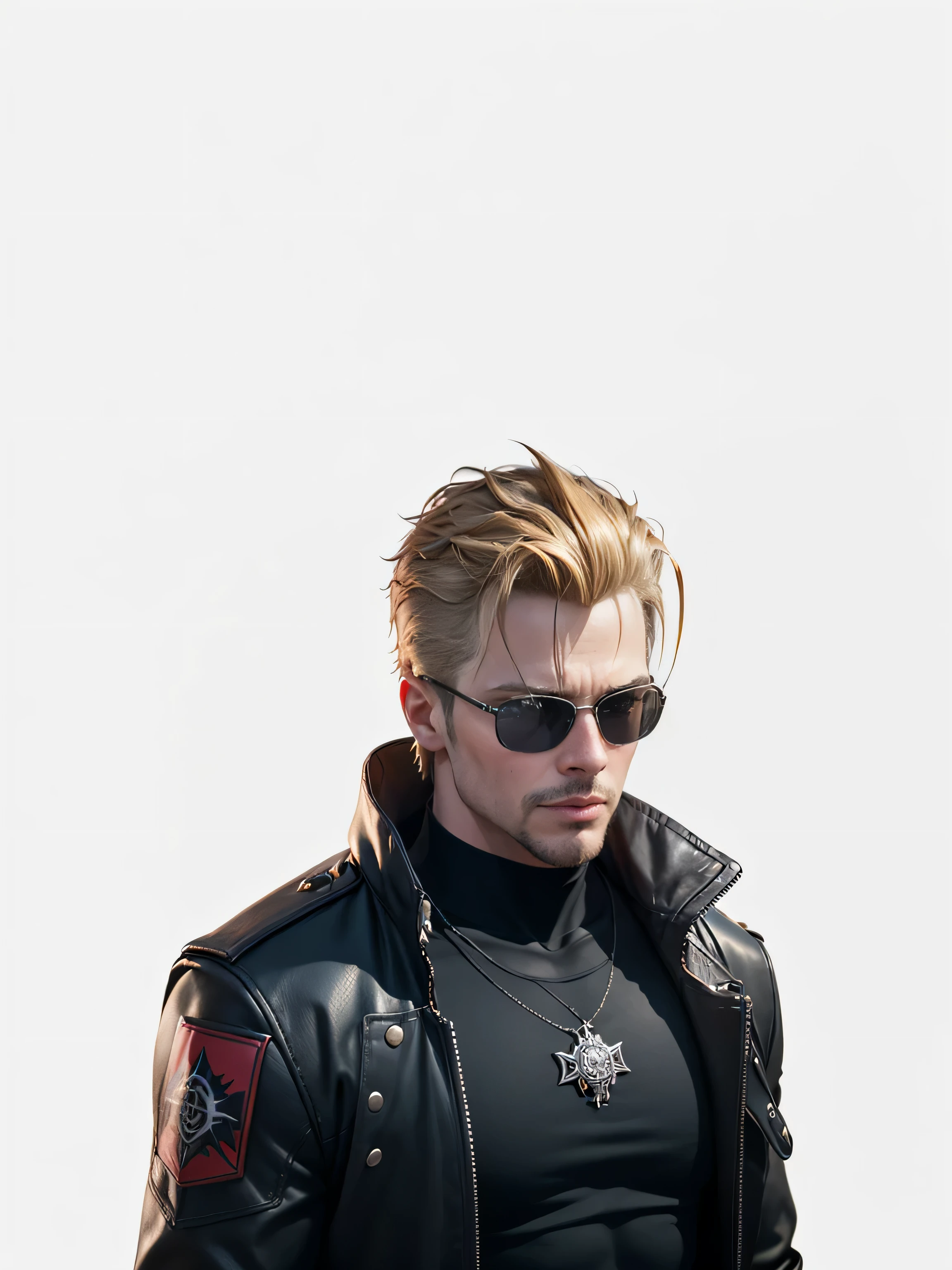 a closeup of a person wearing a black jacket and sunglasses, Albert Wesker, brad pitt is leon s. Kennedy, Albert Wesker retrato de corpo inteiro, Haris Nukem, 3 d render of jogue 9 8 5, neo da matriz, neo da matriz, maxwell rendering, Johan Liebert, estilo da matriz, jogue 9 8 5. Ciberpunk, anime, 2077, real-life graphics. JC Dois Ex. personagem masculino. NEGAR REPLICANTE, nier automatons. Deus Ex Invisible War. JC Denton. Classic masculine character from 80's decade.