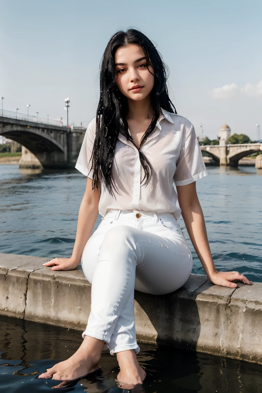 A young girl, 17 years old, with a radiant European feature and shining long, straight black hair, adorns the riverbank. Her elegance is accentuated by the contrast of her wet, thin white jeans trousers. Sitting cross-legged in the water, she displays rosy blushes on her cheeks, adding to her captivating allure. The sun reflecting off the water highlights the intricacies of her features, making for a strikingly realistic scene.