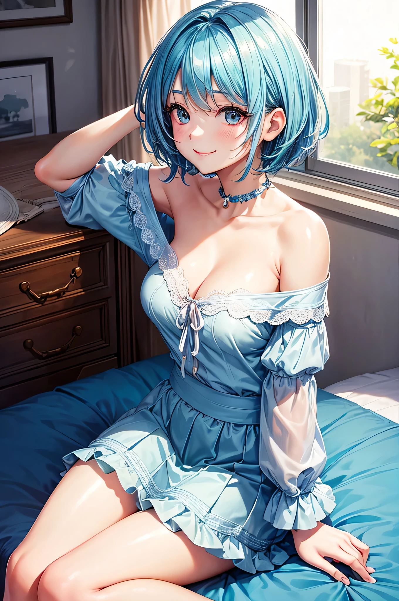 HDR , ultra details , detailed person , cute girl , cyan hair , short hair ,sitting on bed , smile , bedroom , nice pose , skirt , off shoulder top , medium - large breast , chest line , soft light