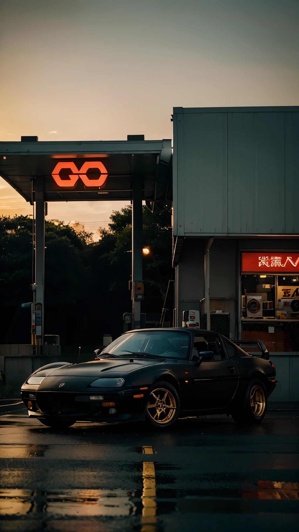 arafly modified matte black Mazda RX7 parked in front of a gas station at sunset, golden hour with neon signs and rainfall, a portrait inspired by Kōno Michisei, unsplash, shin hanga, wide body, epic stance, japanese drift car, side profile!!!!, long front end, full view of a car, powerful stance, full profile, mid body shot, full body!!, 90s japan, full car. 