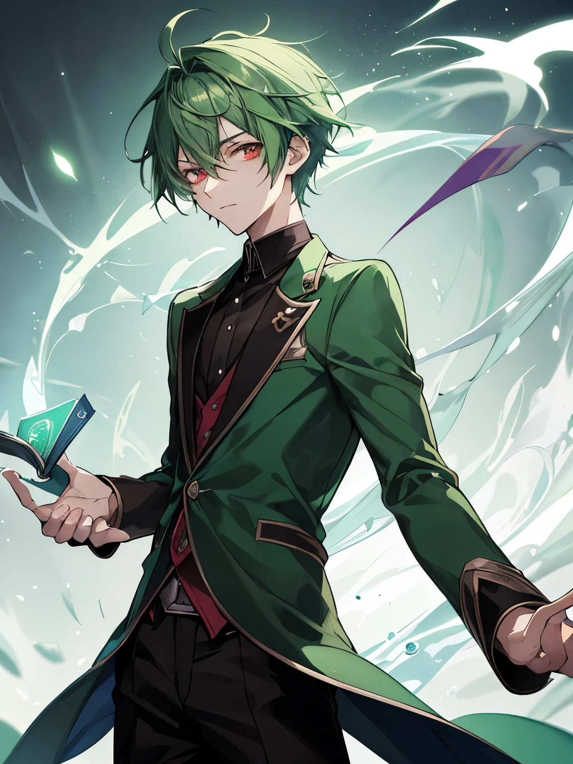 Green hair and eyes, male teenager, red eyes, mysterious, cool, magic academy, floating shining magic cards