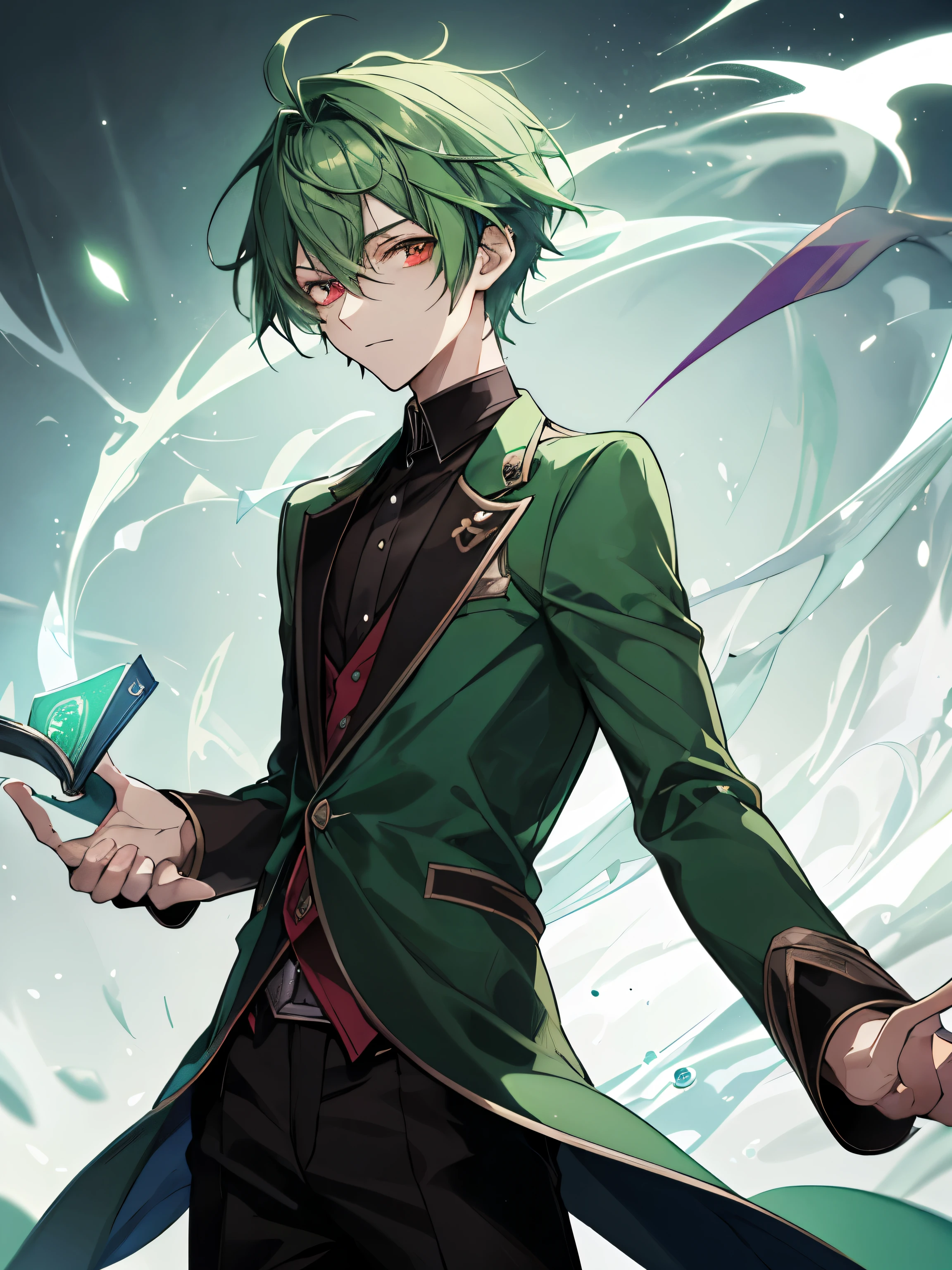 Green hair and eyes, male ager, red eyes, mysterious, cool, magic academy, floating shining magic cards