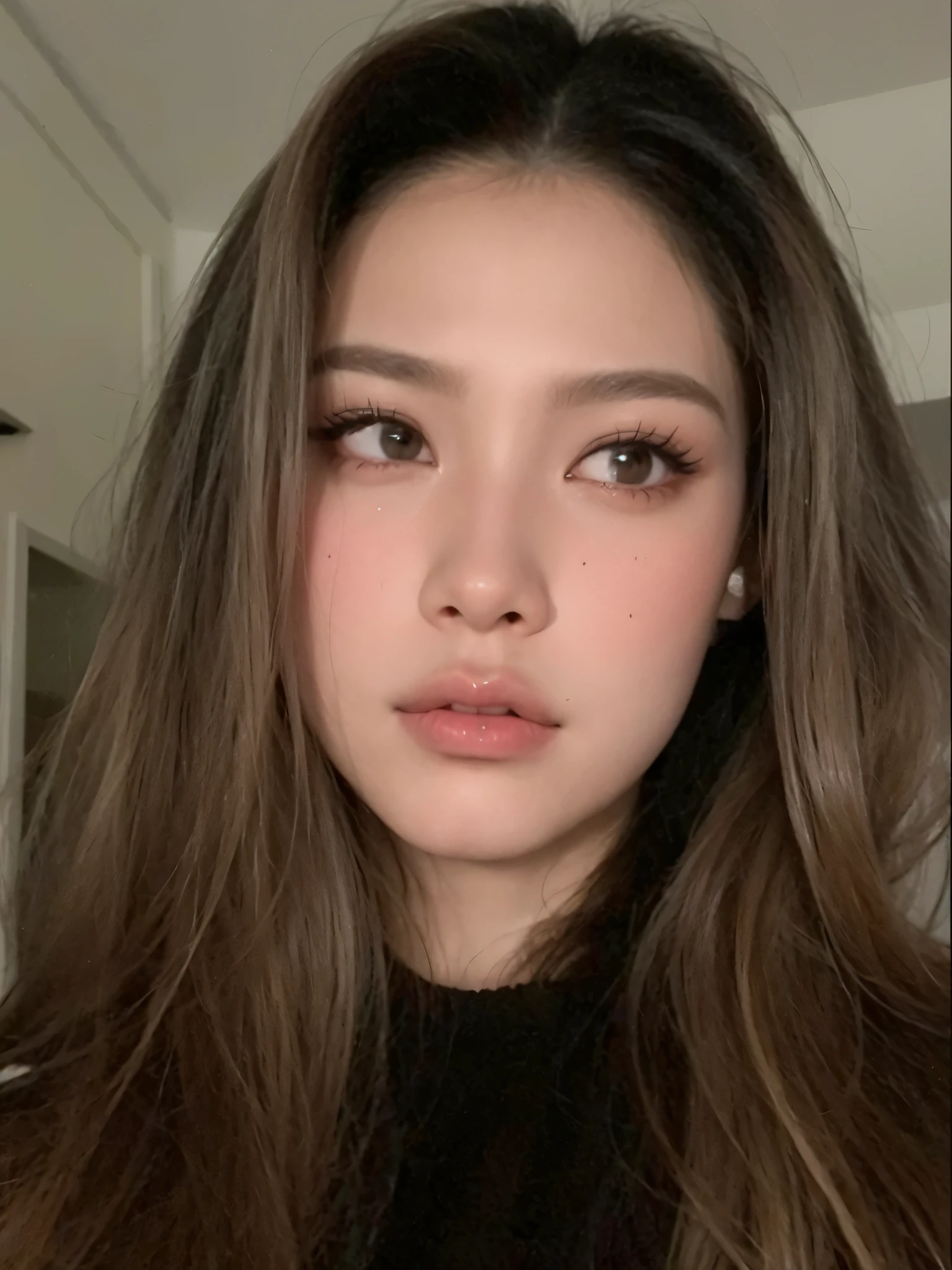 um close up de uma mulher com cabelos longos e um top preto, beautiful aesthetic face, lindo rosto de garotas japonesas, Rosto extremamente lindo, rosto perfeito ), jennie blackpink, Asian beautiful face, asian face, Japanese facial features, pale thin lips, with very thin lips, garota cara fofa, maquiagem sutil, rosto muito bonito