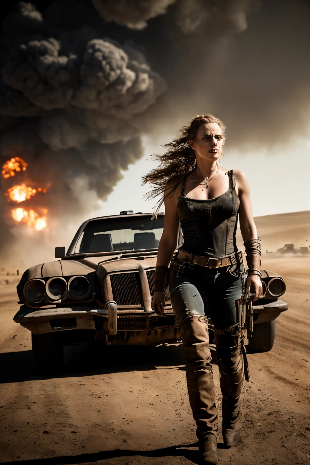 Photo RAW sequence, a photo of a beautiful woman and man, (high quality, masterpiece, hyperrealistic: 1.3, (detailed faces and complete body: 1.3, 8k or higher), (scenes set in the night, darkness, explosions in the background, illuminated by the explosion), Mad Max style, (hair, accessories, Mad Max style clothing, and scenography), all perfectly proportioned and defined, (cinematic lighting), 3D.