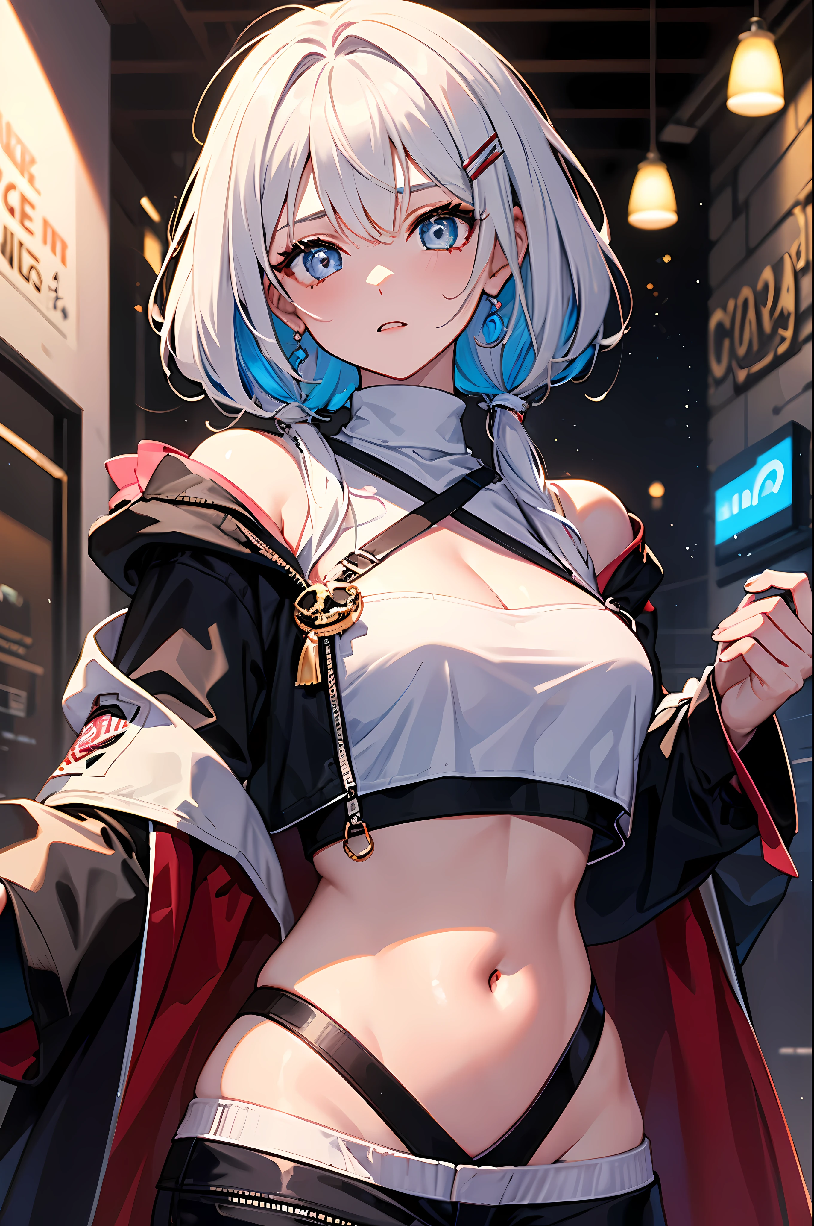 very detailed, 1 woman, cara tierna y Bewitching woman, incredibly beautiful eyes, pink eyes, (white leotard), (crop top blanco), clothes inside clothes, perfect goddess, Bewitching woman, delicate body and , ultra sexy body, whole body, love, candy, (blue hair), high side ponytail, (masterpiece, best quality), neon glow, fantastically beautiful, 8 thousand, wallpaper, Cinemac Lighting