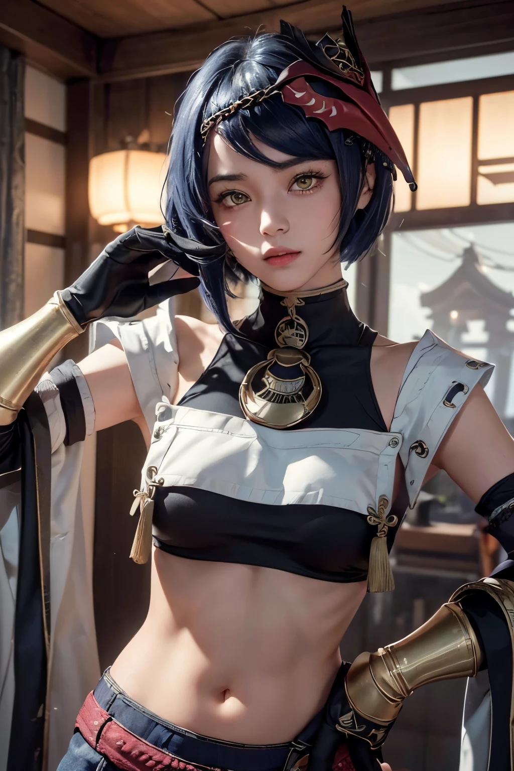 1girl, ((midriff, navel)), looking at viewer, japanese dojo, (cinematic lighting, best quality, masterpiece, hand on hips, high skin details, best quality, highres, HD, 4K, 8k, super detail), (kujou sara:1.3), mask on head, blue hair, short hair, yellow eyes, tassel, gloves