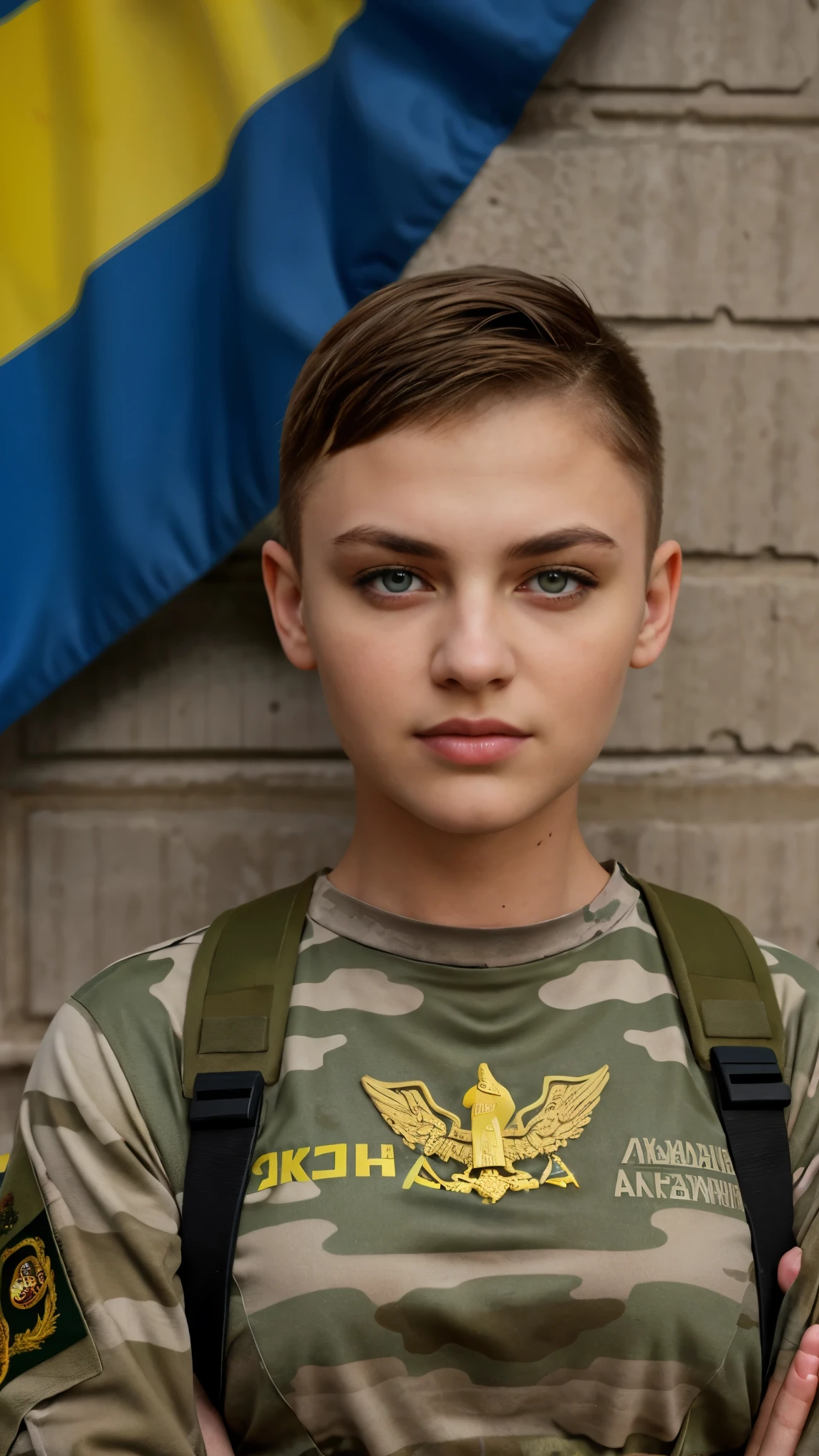 A female soldier, Ukrainian, short hair, scar on face, large breasts, Athletic Body, camouflage uniform, ((Ukrainian flag)), weapons, guns, dystopian city environment, ultra real