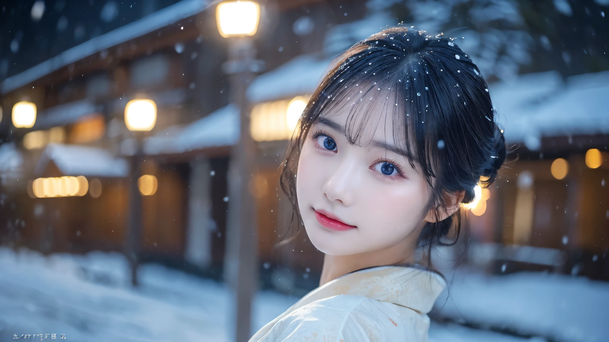 (kimono)、(Light makeup)、(top quality,Masterpiece:1.3,ultra high resolution,),(Super detailed,Caustics),(Realism:1.4,RAW shooting,)Ultra-realistic capture,(32k,high detail,high detail、Masterpiece,Attention to detail,),original photo & realistic atmosphere,beautiful dark blue eyes,detailed mouth,glossy lips,detailed eyebrows,Detailed description of eyes,White skin,Every detail sparkles)、、 (Natural skin texture、、Skin looks healthy、Even skin tone、 Use natural light and color,a woman,Japanese,,kawaii,A black-haired one,Zhongfa,(depth of field、Color difference、、Wide range of lighting、natural shadow、)、、(exterior lights at night:1.4)、(falling snow:1.2)、(hair swaying in the wind:1)、(Snow reflects light:1.3)