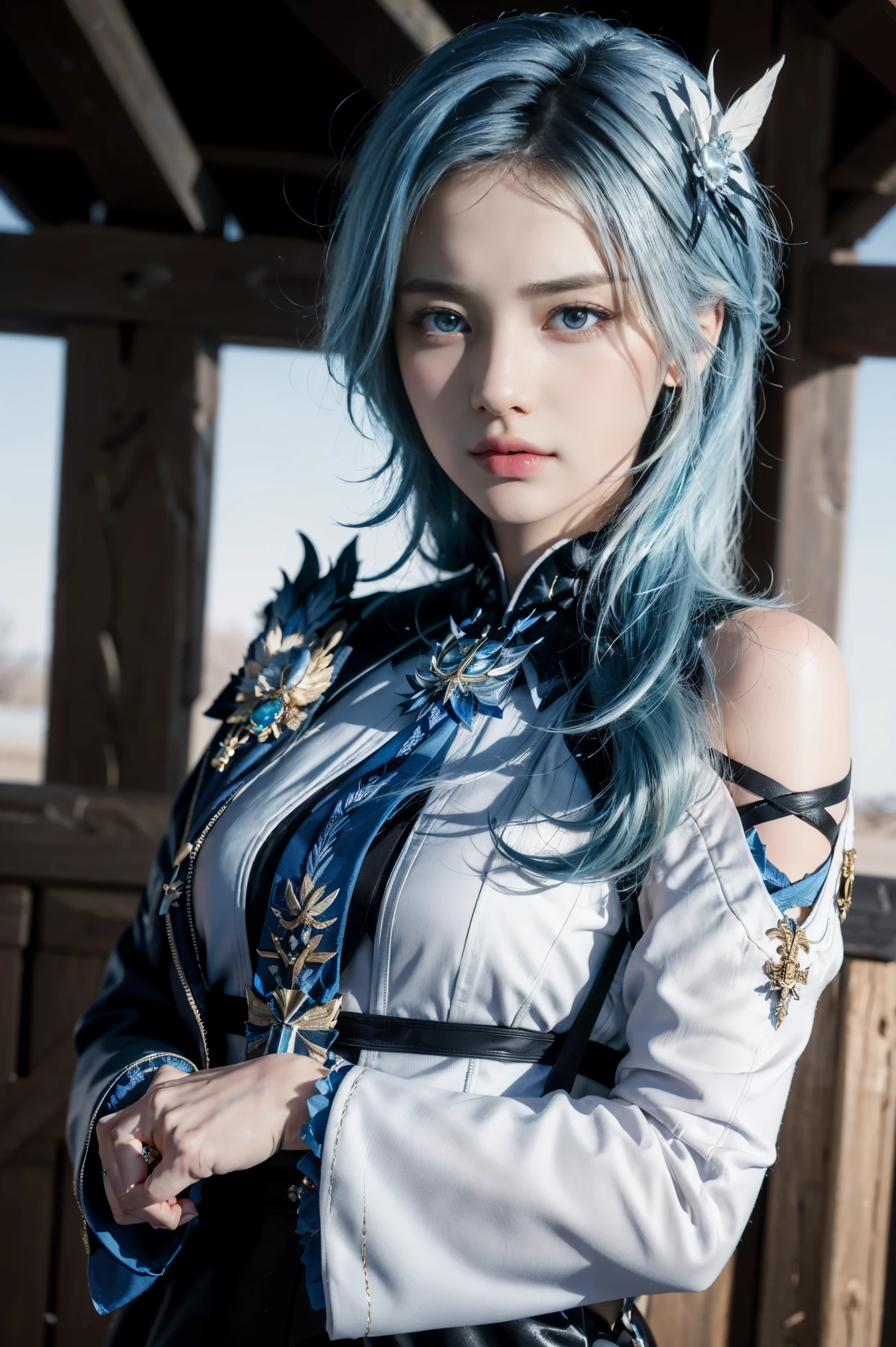 (photorealistic:1.4), (masterpiece, sidelighting, finely detailed beautiful eyes: 1.2), masterpiece*portrait, realistic, 3d face, eula \(genshin impact\), 1girl, ahoge, architecture, By bangs,Bare shoulders,Bell,black glove,(Black tights,light blue hair,Hair pin),Blushlush,Beautiful breasts,Chinese knot,the sleeve,flower knot,middle light blue hair,Look at the audience,middlebreast,Neckbells