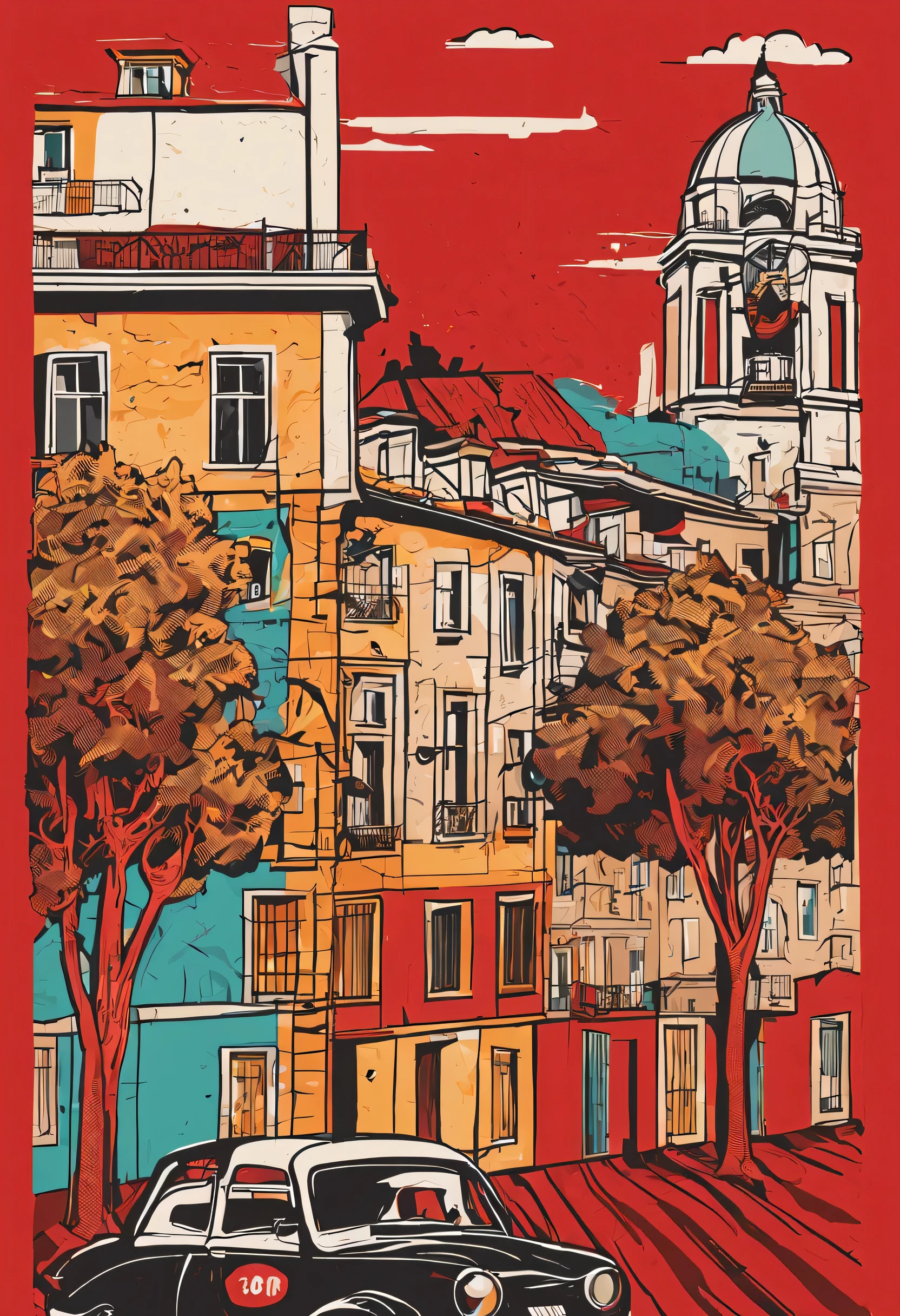 Lisbon City, Pop art style, bright comic book illustration, bold text, on a red background