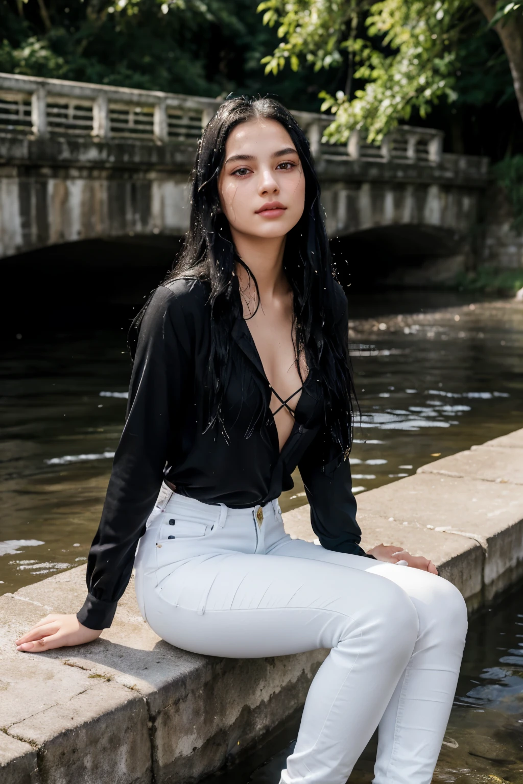 A young girl, 17 years old, with a radiant European feature and shining long, straight black hair, adorns the riverbank. Her elegance is accentuated by the contrast of her wet, thin white jeans trousers. Sitting cross-legged in the water, she displays rosy blushes on her cheeks, adding to her captivating allure. The sun reflecting off the water highlights the intricacies of her features, making for a strikingly realistic scene.