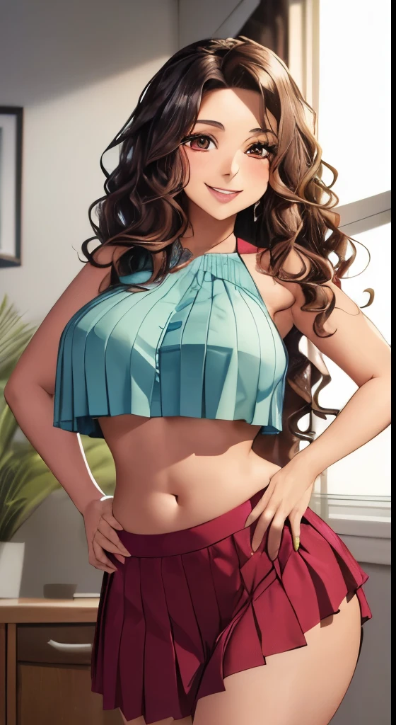 A full-color half-body portrait of the ideal beautiful Hispanic woman (((24 years old, wavy hair, wide hips, big , sultry, flirty smile, flirty eyes, flirty expression, perky breands on her hips, crop top and pleated skirt))) comforting the viewer, Highly detailed eyes, in an apartment