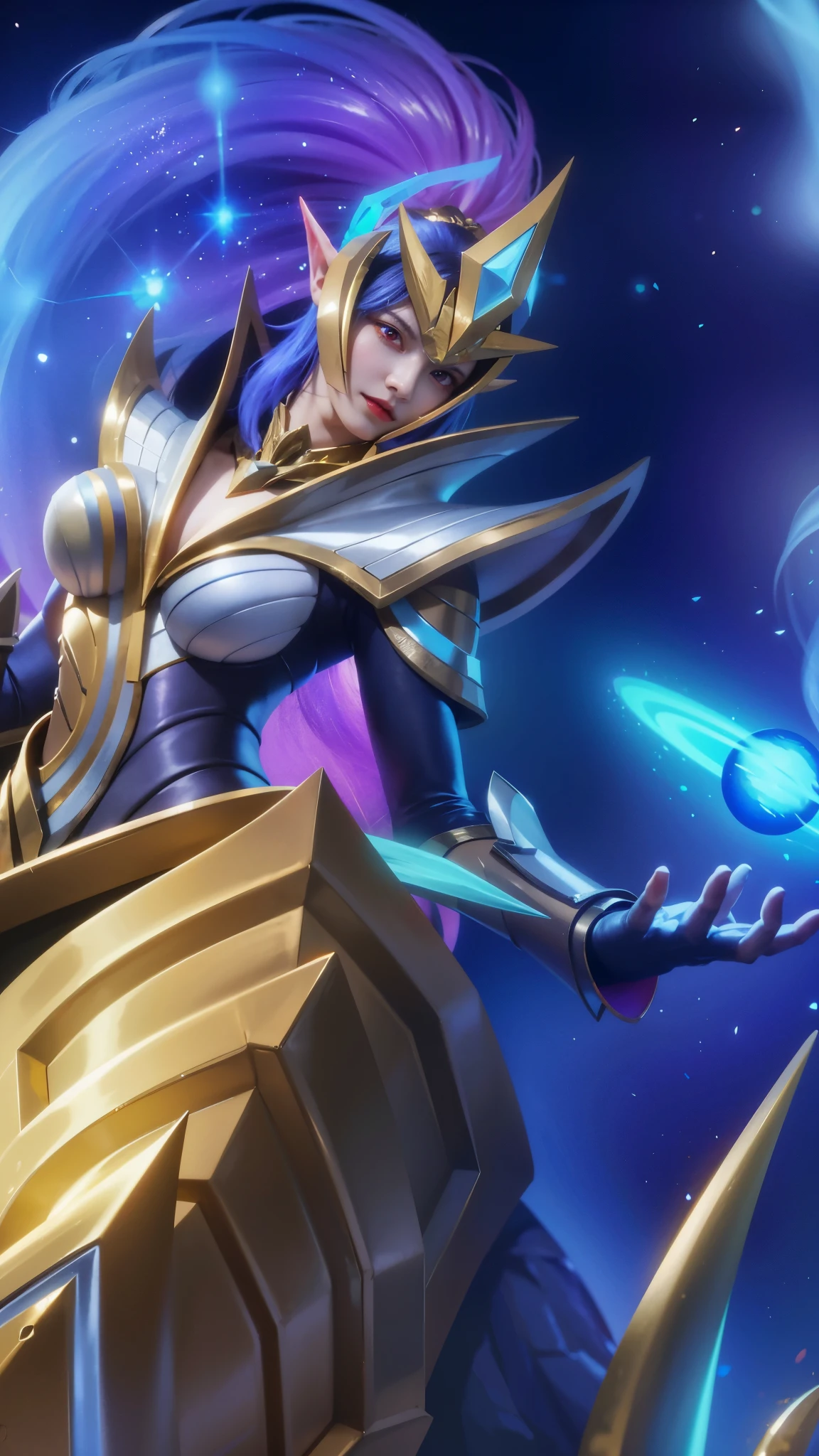 (female:1.2), 8k, ultra hd, ultra detailed texture, hyper realistic, masterpiece, detailed texture, detailed face, detailed skin, detailed lighting, (photorealistic:1.5), best quality, beautiful lighting, cinematic lighting, professional lighting, ultra highres, realistic, detailed hair, real hair, high quality, (realskin:1.5), extremely detailed, finely detail, ultra-detailed, 1girl, solo, elf, pointy ears, standing, demon horns, forehead protector, (red eyes:1.5), v-shapped eyebrow, lips, red lips, evil smile, nose, make up, pretty, beautiful, cute face, long hair, blue hair, high ponytail, large breasts, cleavage, armpit, navel, stomach, black armor, pauldrons, bare shoulders, shoulder armor, thigh high, sleevless, detached sleeves, breastplate, gauntlets, karina \(mobile legends\), depth of field, looking aways, white skin, skin tight, amazing pose, outdoors, glowing, dark view.