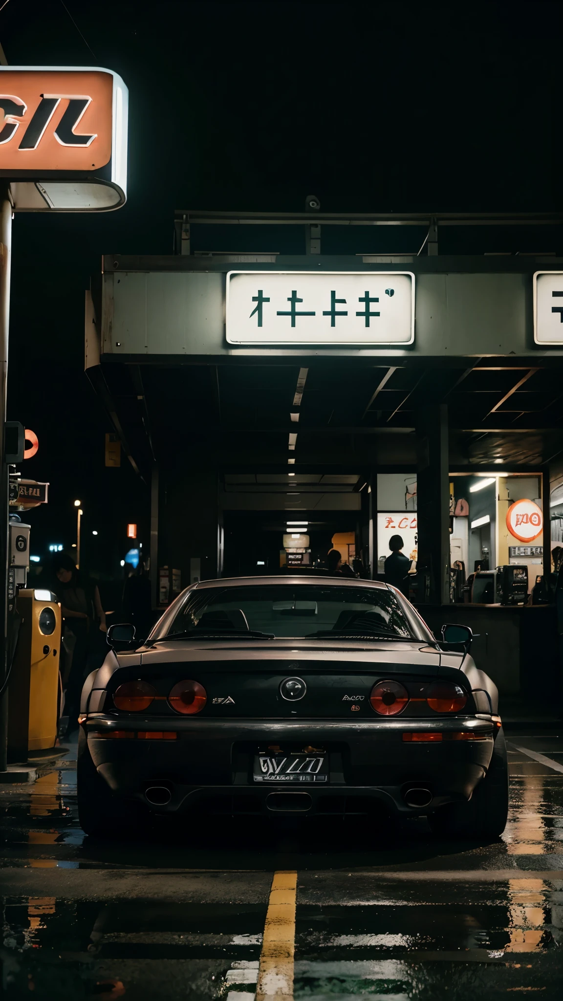 arafly modified matte black Mazda RX7 parked in front of a gas station at night with neon signs and rainfall, a portrait inspired by Kōno Michisei, unsplash, shin hanga, wide body, epic stance, japanese drift car, front profile!!!!, long front end, full view of a car, powerful stance, full profile, mid body shot, full body!!, 90s japan, full car.