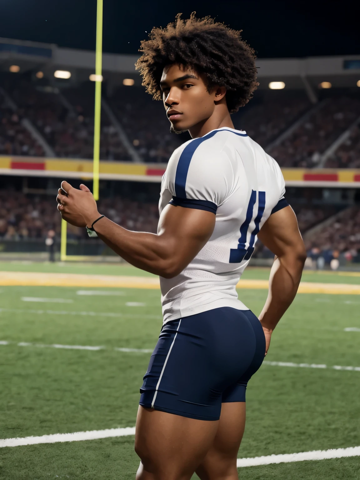 football player black boy with big bubble butt on football field, perfect realistic symmetrical face, 21 years old, curly hair, high detail, full body, photography, homoerotic, perfect face, skinny, lean, 8k, realistic, ultra hd, realistic, vivid colors, highly detailed, perfect composition, beautifully detailed intricate insanely detailed, 8k artistic photography, soft natural volumetric cinematic perfect light, huge manly bubble butt, highly detailed and perfect face, realistic hands, from the side, uniform