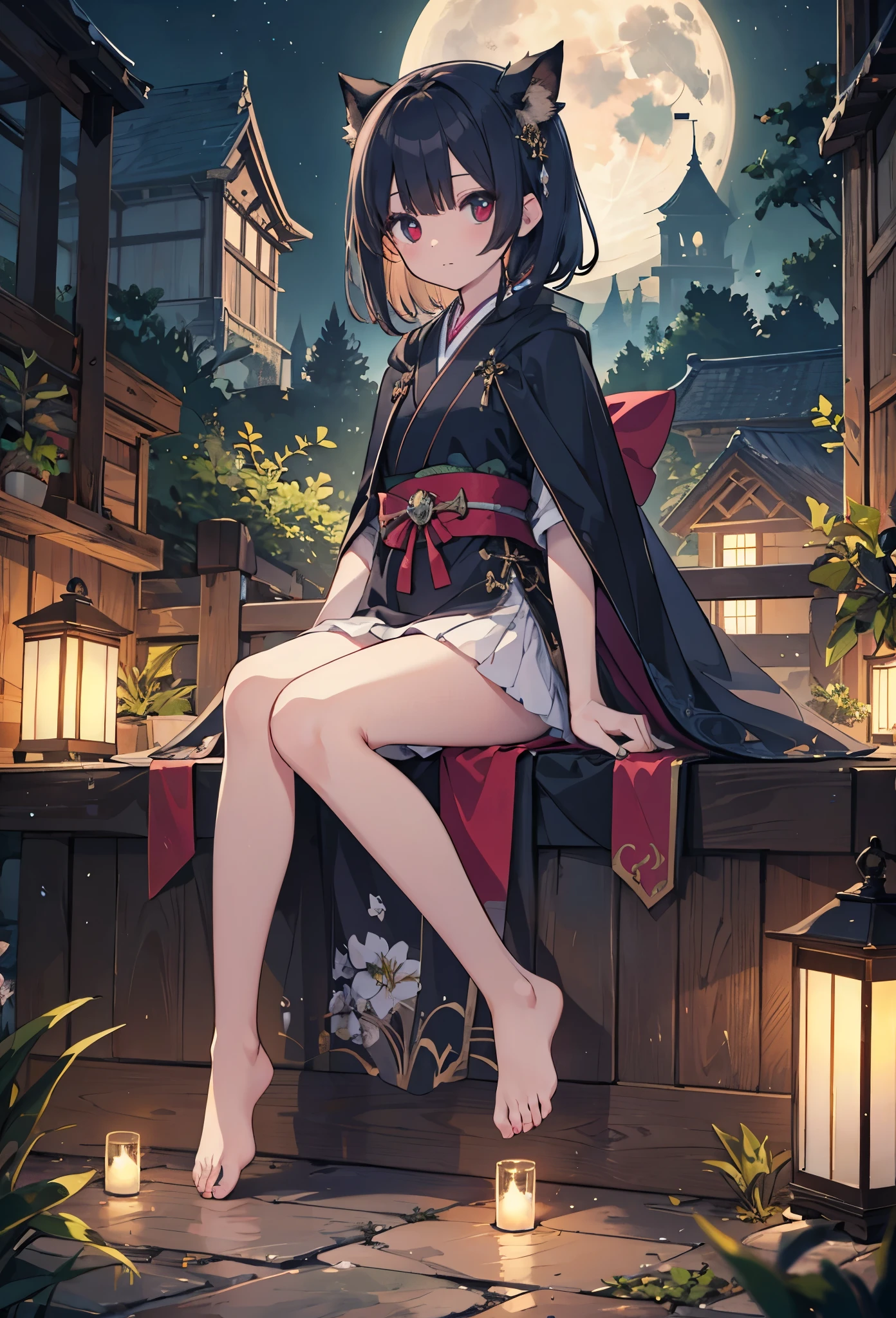 ((Highly accurate drawing in every detail)Extremely precise depiction)[High resolution],(detailed illustrations,Very detailed and precise drawing,Delicate drawn lines with tempo,Realistic texture expression),[color traced main line],(Midnight Ruins [An old stone castle with moonlight leaking]) full moon,(Vampire JapaneseGirl (beautiful) [beautifulが病的な顔 落ち窪んだ目] Skinny ) ((barefoot)) [Delicate and bony figure] [[Straight cropped bangs]] きめ細やかなbeautifulストレートロングヘア [Black cat],(月に映えるbeautiful肌 [pale skin]),(Long Cape in the dark [Ribbon lace embroidery]),[gravure [Ephemeral Melancholy]] [moonlight [Tyndall effect]] [[sitting]],[dark fantasy],(複雑でbeautiful装飾 [Dense detail]),(きめ細やかでbeautiful肌表現 [transparency]),((Precisely drawn eyes))[完璧な目のdetailed((宝石のようなbeautiful瞳)Iris drawn in precise detail)[clearly drawn pupils]],[eyes light[Pinpoint lighting for the eyes]],[長くてbeautiful睫毛],[precisely drawn hair [美しく艷やかな髪のdetailed]],(完璧な手のdetailed [破綻のないbeautiful指 [beautiful nails]]),(perfect anatomy(perfectly balanced proportions))[[full body portrait]],[ideal color coordination(Accurate simulation of light and material interactions)],([Precision Detail](detailed,High definition)),[Visual art that tells a story] [[Eros in the Natural Body]].