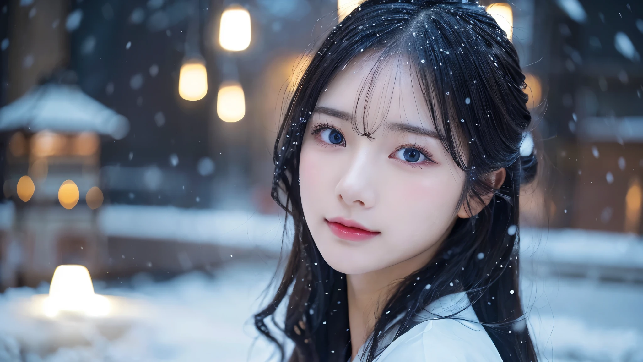 (kimono)、(Light makeup)、(top quality,​Masterpiece:1.3,ultra high resolution,),(Super detailed,Caustics),(Realism:1.4,RAW shooting,)Ultra-realistic capture,（32ｋ,high detail,high detail、​Masterpiece,Attention to detail,),original photo & realistic atmosphere,beautiful dark blue eyes,detailed mouth,glossy lips,detailed eyebrows,Detailed description of eyes，White skin，Every detail sparkles)、、 (Natural skin texture、、Skin looks healthy、Even skin tone、 Use natural light and color,a woman,Japanese,,kawaii,A black-haired one,Zhongfa,(depth of field、Color difference、、Wide range of lighting、natural shadow、)、、(exterior lights at night:1.4)、(falling snow:1.2)、(hair swaying in the wind:1)、(Snow reflects light:1.3)