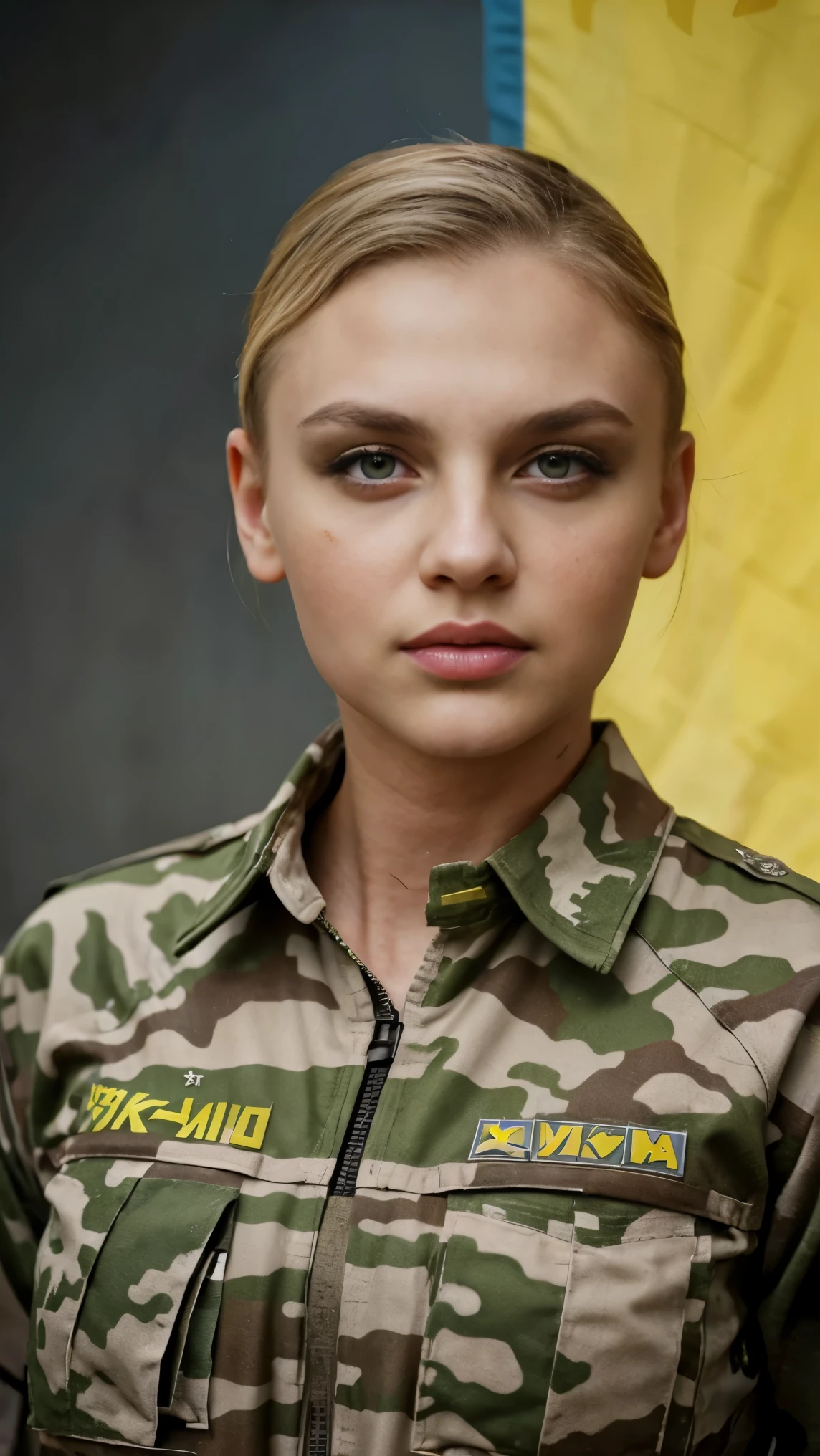 A female soldier, Ukrainian, scar on face, cleavage, Athletic Body, camouflage uniform, ((Ukrainian flag)), weapons, guns, dystopian city environment, ultra real