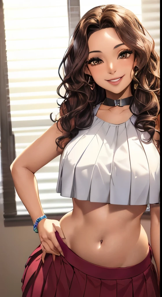 A full-color half-body portrait of the ideal beautiful Hispanic woman (((24 years old, wavy hair, wide hips, big butt, sultry, flirty smile, flirty eyes, flirty expression, perky breasts, hands on her hips, crop top and pleated skirt))) comforting the viewer, Highly detailed eyes, in an apartment