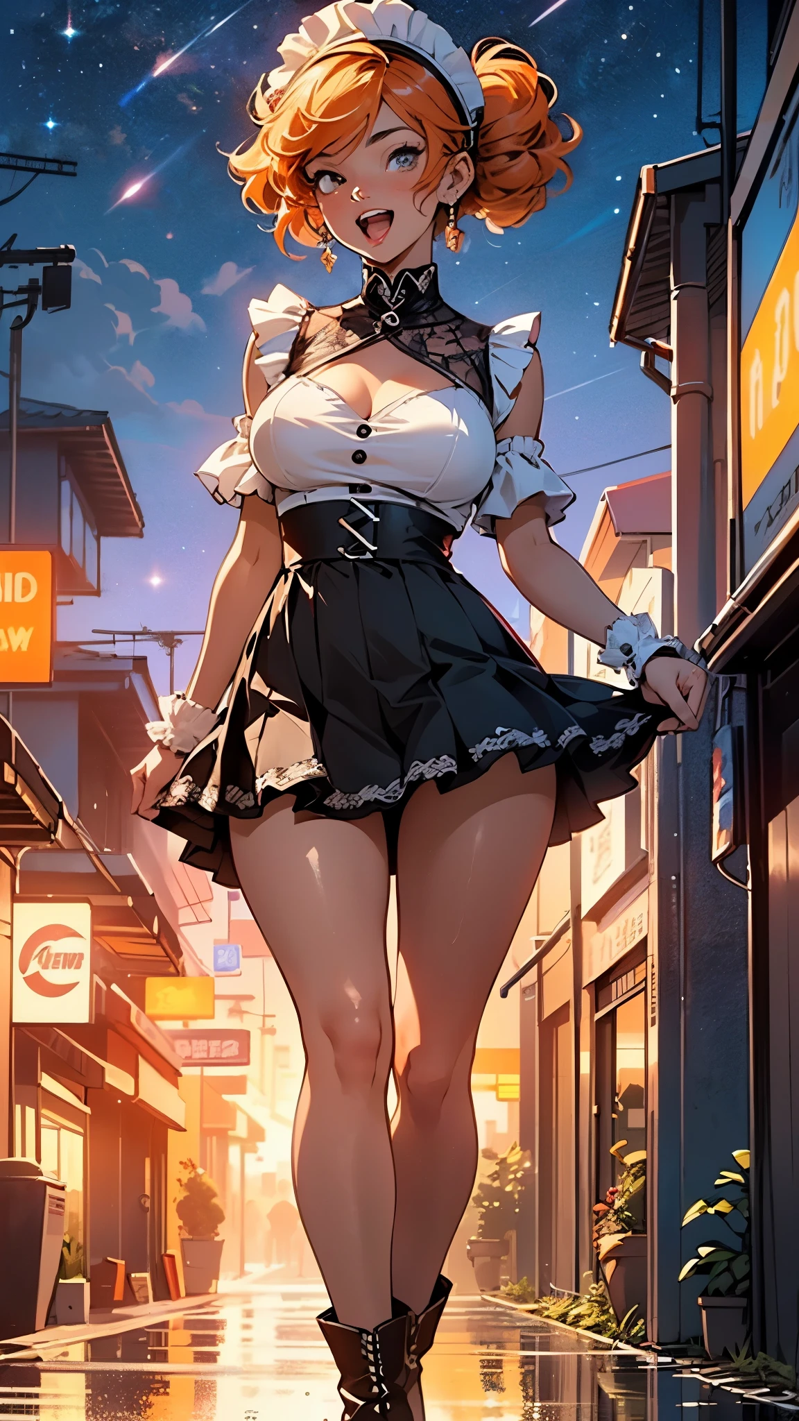 maid girl,((1girl)),((maid girl with extremely cute and beautiful orange hair)),
(large breasts:1.4),bountiful breasts,fluffy breasts,H cup bust,bust up,bulging bust top,(((orange twintails hair:1.35,colored inner hair,twintails,ear breathing))),((heterochromia:1.5, (orange_eye and yellow_eye))),intricate eyes,beautiful detailed eyes,symmetrical eyes,((fat)),(((lustrous skin:1.5,bright skin: 1.5,skin tanned,shiny skin,very shiny skin,shiny body,plastic glitter skin,exaggerated shiny skin,illuminated skin,wet legs))),(spider lower abdomen,narrow waist,wide hip,athletic body,inflated legs, thick thighs,detailed body,(detailed face)),
cute,slutty,seductive,erotic,(((nsfw))),
zettai ryouiki,(maid headdress),maid uniform,Headdress,(maid),sleeveless,mini skirt,boots,cleavage cutout,bare legs,clothes with a lot of lace frills,((wet clothes,intricate outfit,intricate clothes)),
(dynamic pose:1.0),solo focus,happy,((open mouth)),(centered,scale to fit dimensions,Rule of thirds),
cyberpunk city by the ocean at night, with bright neon signs and dark stormy clouds and puddles, scenery:1.25,nighttime, starry night, cosmos,Very dark night that makes the neon lights stand out, very bright neon lights,nighttime, starry night, cosmos,
artistic photography,(photography taken by sldr),highres, sharp focus,(ultra detailed, extremely detailed), (photorealistic artwork:1.37),(extremely detailed CG unity 8k wallpaper),((synthwave background theme)),(((vibrant colors))),intricate,(intricate background),(masterpiece),(best quality),perfect rendered face,perfect face details,realistic face,photo realistic,analog style,((intricate detail)),(((realism))),