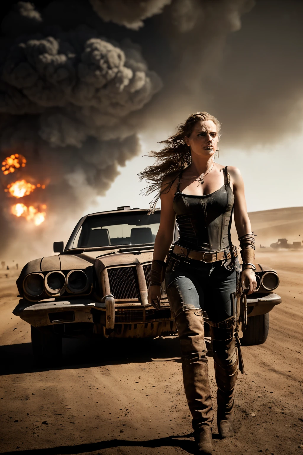 Photo RAW sequence, a photo of a beautiful woman and man, (high quality, masterpiece, hyperrealistic: 1.3, (detailed faces and complete body: 1.3, 8k or higher), (scenes set in the night, darkness, explosions in the background, illuminated by the explosion), Mad Max style, (hair, accessories, Mad Max style clothing, and scenography), all perfectly proportioned and defined, (cinematic lighting), 3D.