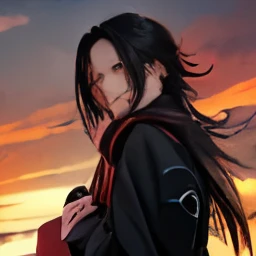 1male, uchiha madara in anime naruto, long hair , black hair, red eyes, handsome, smile, red clothes, realistic clothes, detail clothes, beach city background, ultra detail, realistic, sharingan eyes