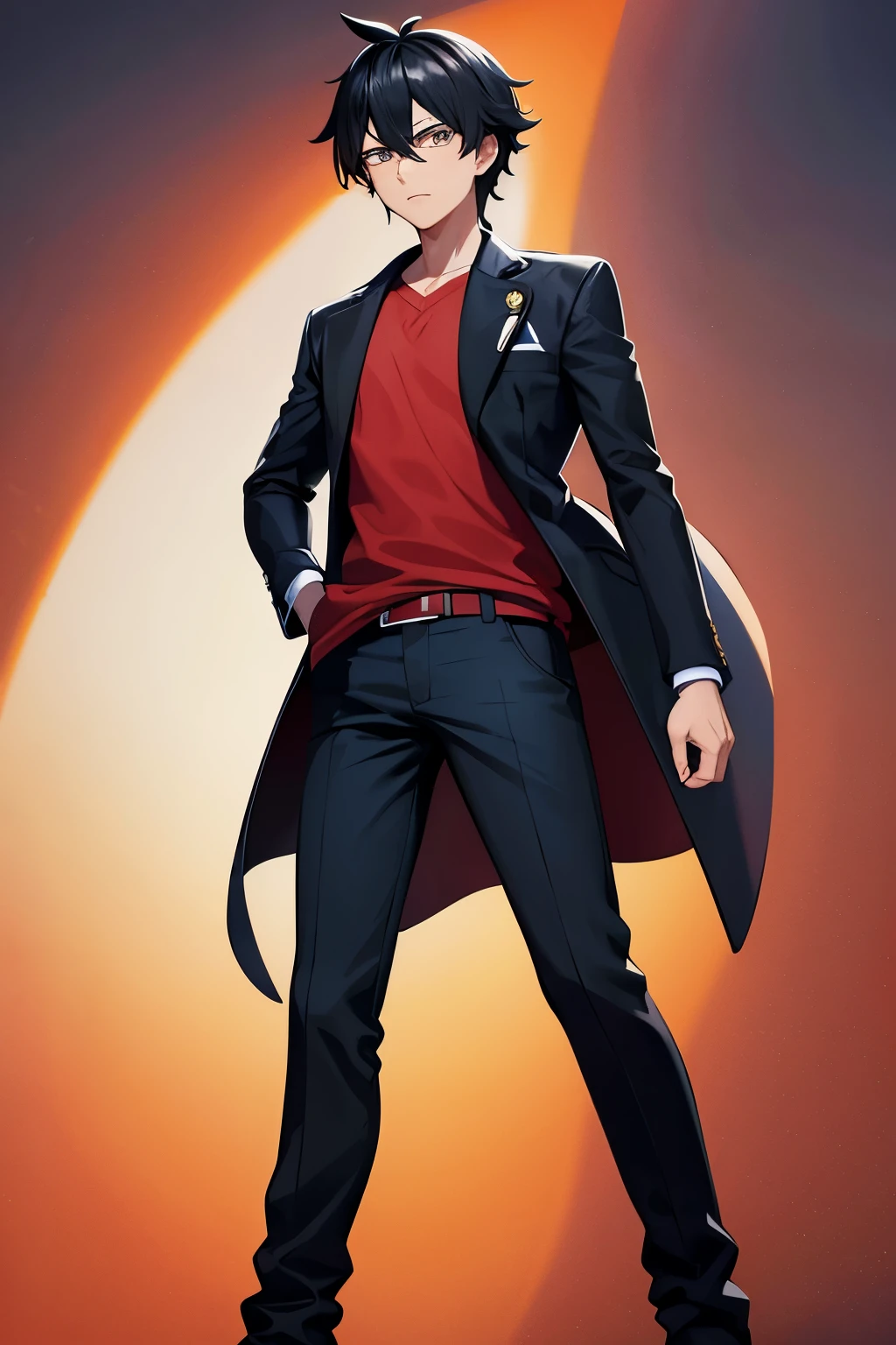 Pokémon protagonist black hair, camisa preta, jaqueta azul com detalhes vermelhos na manga e gola branca, black pants, cinto vermelho, pele morena