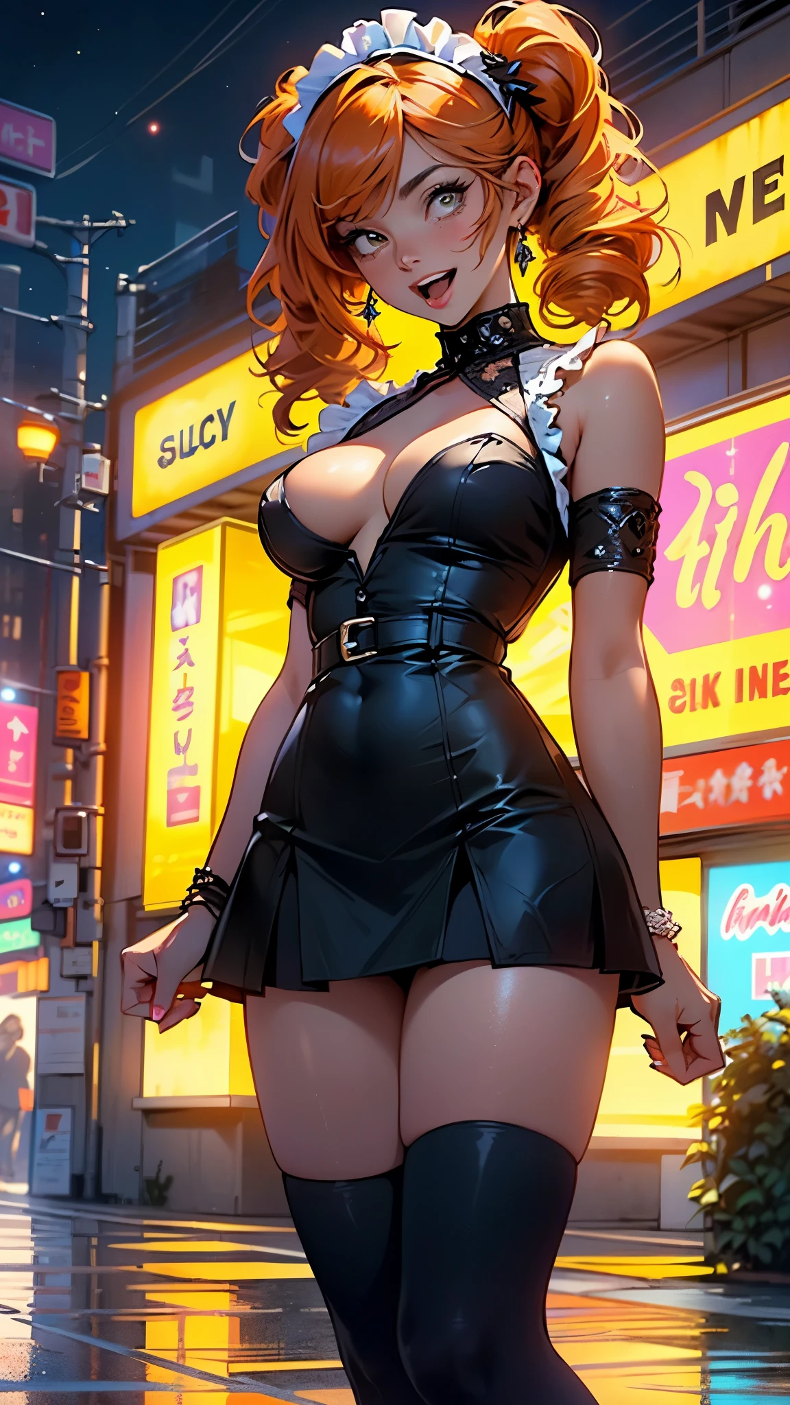 maid girl,((1girl)),((maid girl with extremely cute and beautiful orange hair)),
(large breasts:1.4),bountiful breasts,fluffy breasts,H cup bust,bust up,bulging bust top,(((orange twintails hair:1.35,colored inner hair,twintails,ear breathing))),((heterochromia:1.5, (orange_eye and yellow_eye))),intricate eyes,beautiful detailed eyes,symmetrical eyes,((fat)),(((lustrous skin:1.5,bright skin: 1.5,skin tanned,shiny skin,very shiny skin,shiny body,plastic glitter skin,exaggerated shiny skin,illuminated skin,wet legs))),(spider lower abdomen,narrow waist,wide hip,athletic body,inflated legs, thick thighs,detailed body,(detailed face)),
cute,slutty,seductive,erotic,(((nsfw))),
zettai ryouiki,(maid headdress),maid uniform,Headdress,(maid),sleeveless,mini skirt,boots,cleavage cutout,bare legs,clothes with a lot of lace frills,((wet clothes,intricate outfit,intricate clothes)),
(dynamic pose:1.0),solo focus,happy,((open mouth)),(centered,scale to fit dimensions,Rule of thirds),
cyberpunk city by the ocean at night, with bright neon signs and dark stormy clouds and puddles, scenery:1.25,nighttime, starry night, cosmos,Very dark night that makes the neon lights stand out, very bright neon lights,nighttime, starry night, cosmos,
artistic photography,(photography taken by sldr),highres, sharp focus,(ultra detailed, extremely detailed), (photorealistic artwork:1.37),(extremely detailed CG unity 8k wallpaper),((synthwave background theme)),(((vibrant colors))),intricate,(intricate background),(masterpiece),(best quality),perfect rendered face,perfect face details,realistic face,photo realistic,analog style,((intricate detail)),(((realism))),