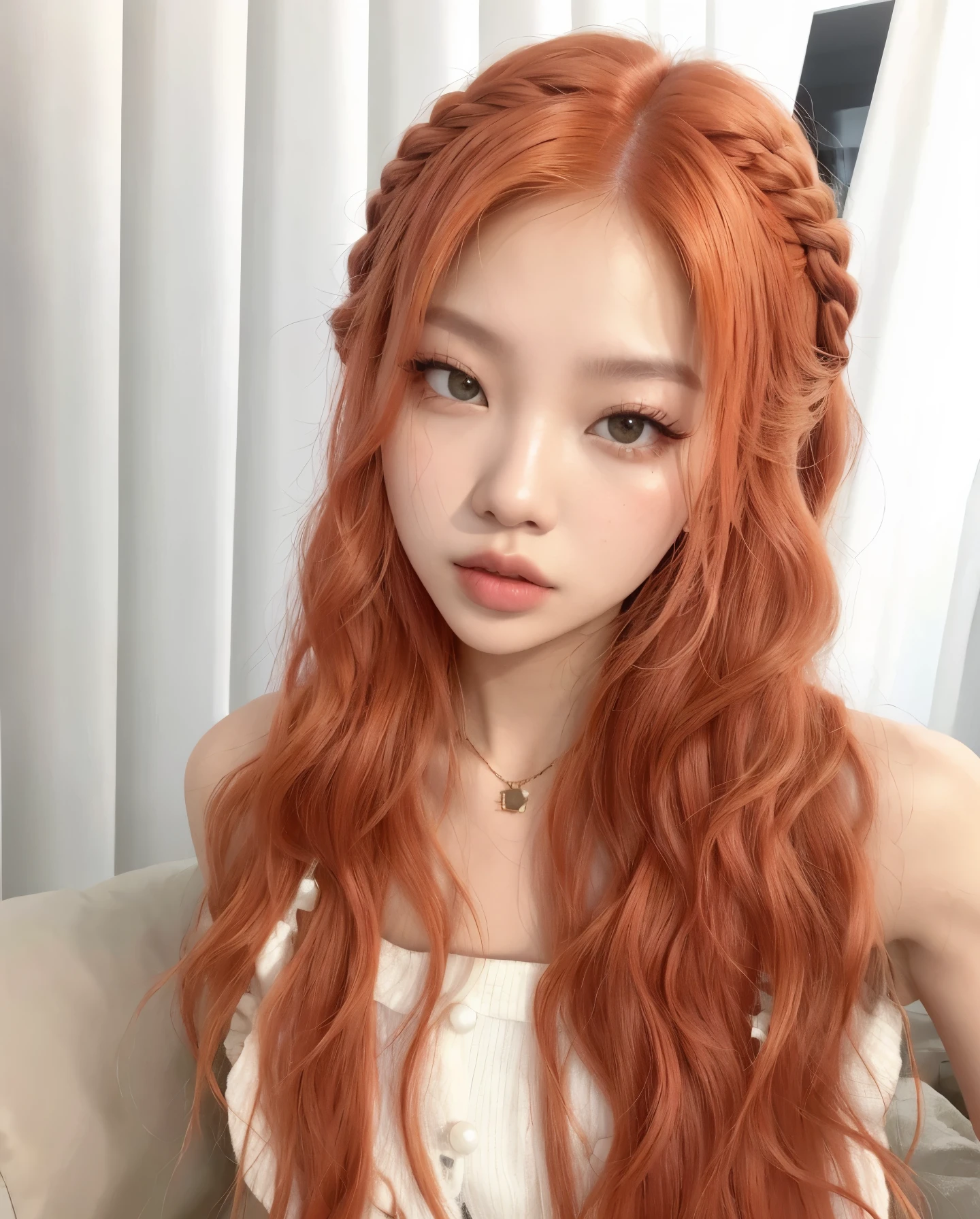 um close up de uma mulher com longos cabelos ruivos e um vestido branco, cabelo laranja longo e ondulado, ela tem cabelo longo redoranjado, cabelo ondulado ruivo, maquiagem sul-coreana popular, Ulzzang, cabelo cacheado cor de cobre, maquiagem coreana popular, cabelos longos e ondulados vermelhos, cabelo ruivo ardente muito longo e ondulado, ela tem longos cabelos castanhos alaranjados, long braided orange red hair, blackpink jennie, blackpink lisa, jennie