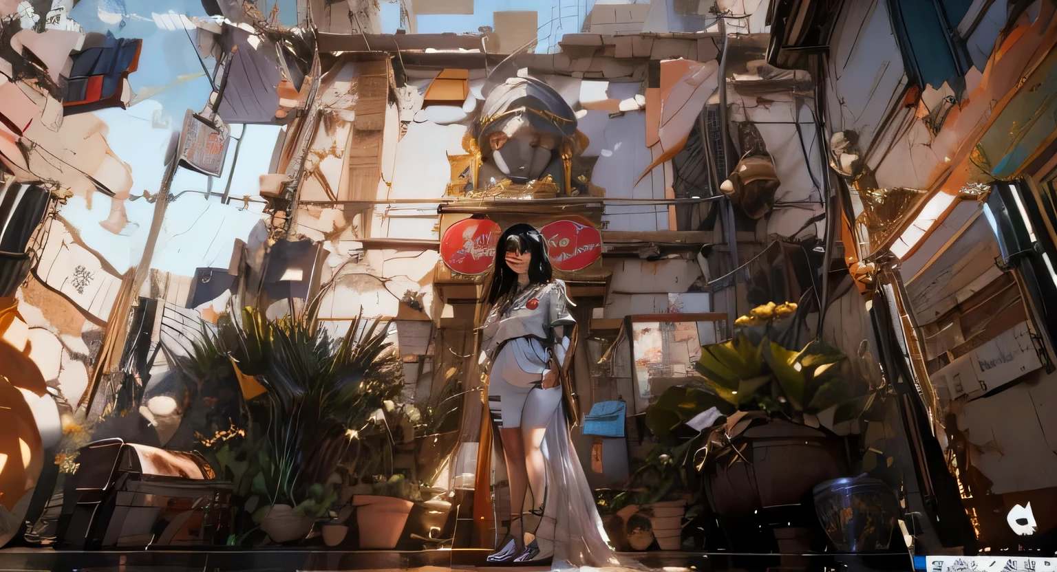 There is a woman standing in a room with a statue and a window, girl in egyptian ruins, rossdraws global illumination, cleopatra in her palace, Egyptian atmosphere, Unreal Engine 5 Rendering, Ancient cyberpunk 8k resolution, Unreal Engine 5 Lumen, Unreal Engine Rendering + goddess, Unreal Engine 5 Details, 非常细致的goddess拍摄, egyptian style