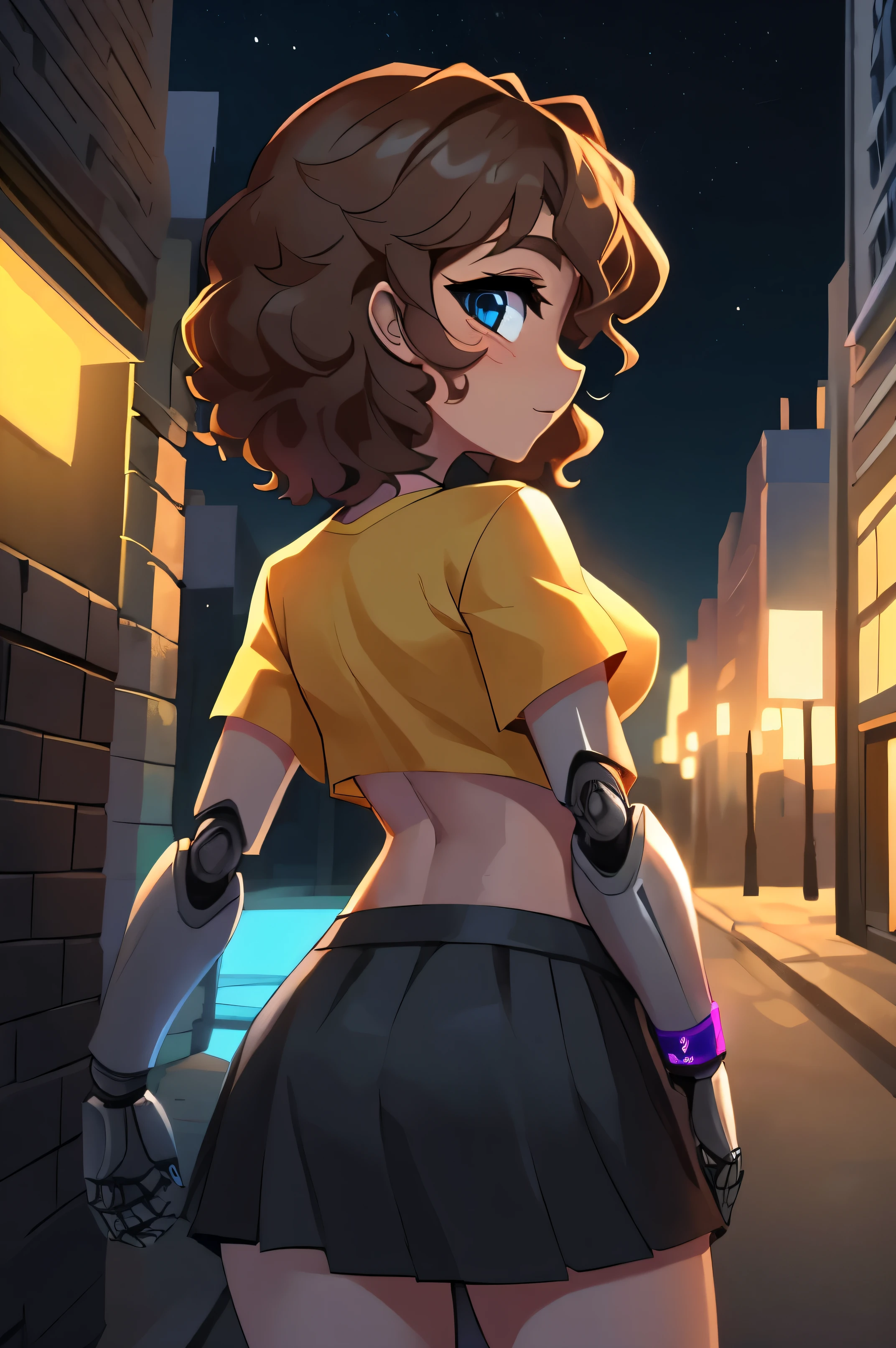 beautiful curly brown hair, pelo medio, ojos azules, cara pecosa, orange eyelashes, pechos medianos, camiseta amarilla, mangas cortas, top corto, gray metal arms, robotic arms, robot, falda negra, pulseras moradas, al aire libre, calle, Londres, noche, cielo estelar, estilo animado, to look behind.