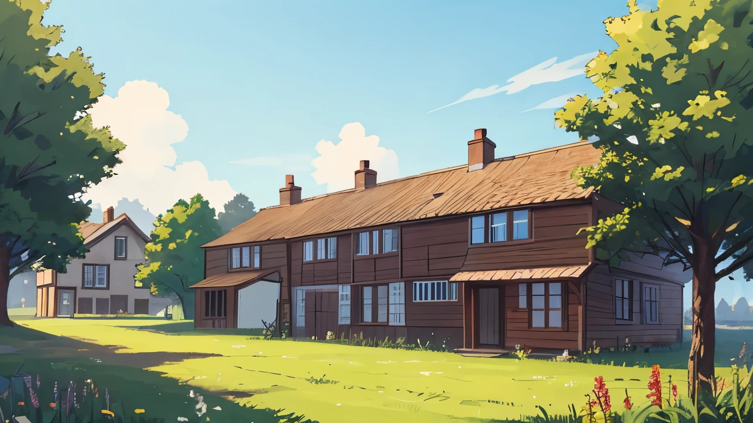 There is a cartoon picture of a house in the middle of a field - SeaArt AI