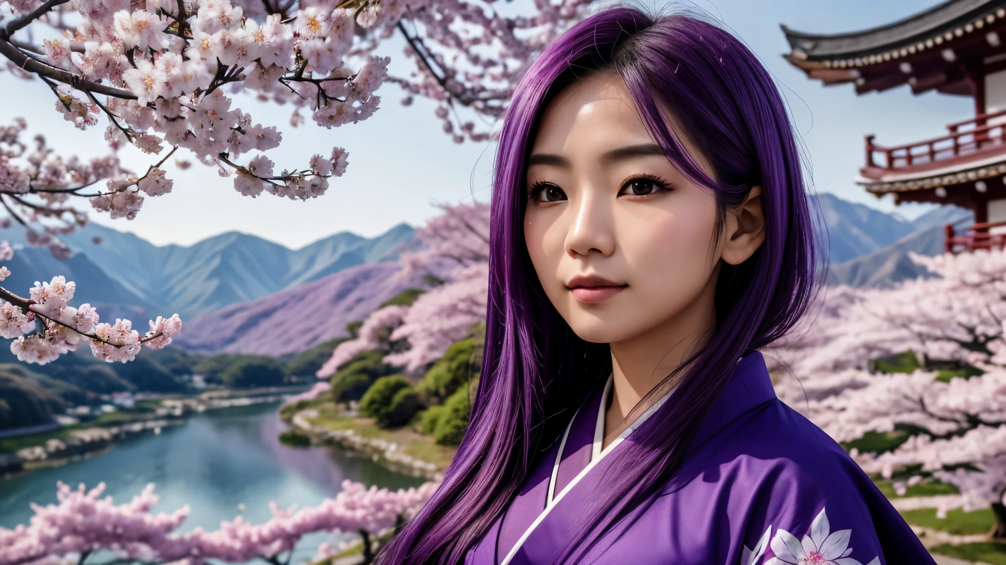 4k, ultra detali, Asian, super beautiful, in the mountains, Against the background of cherry blossoms, purple hair, square, kimono, face close up, night, Light from the Moon, winter,