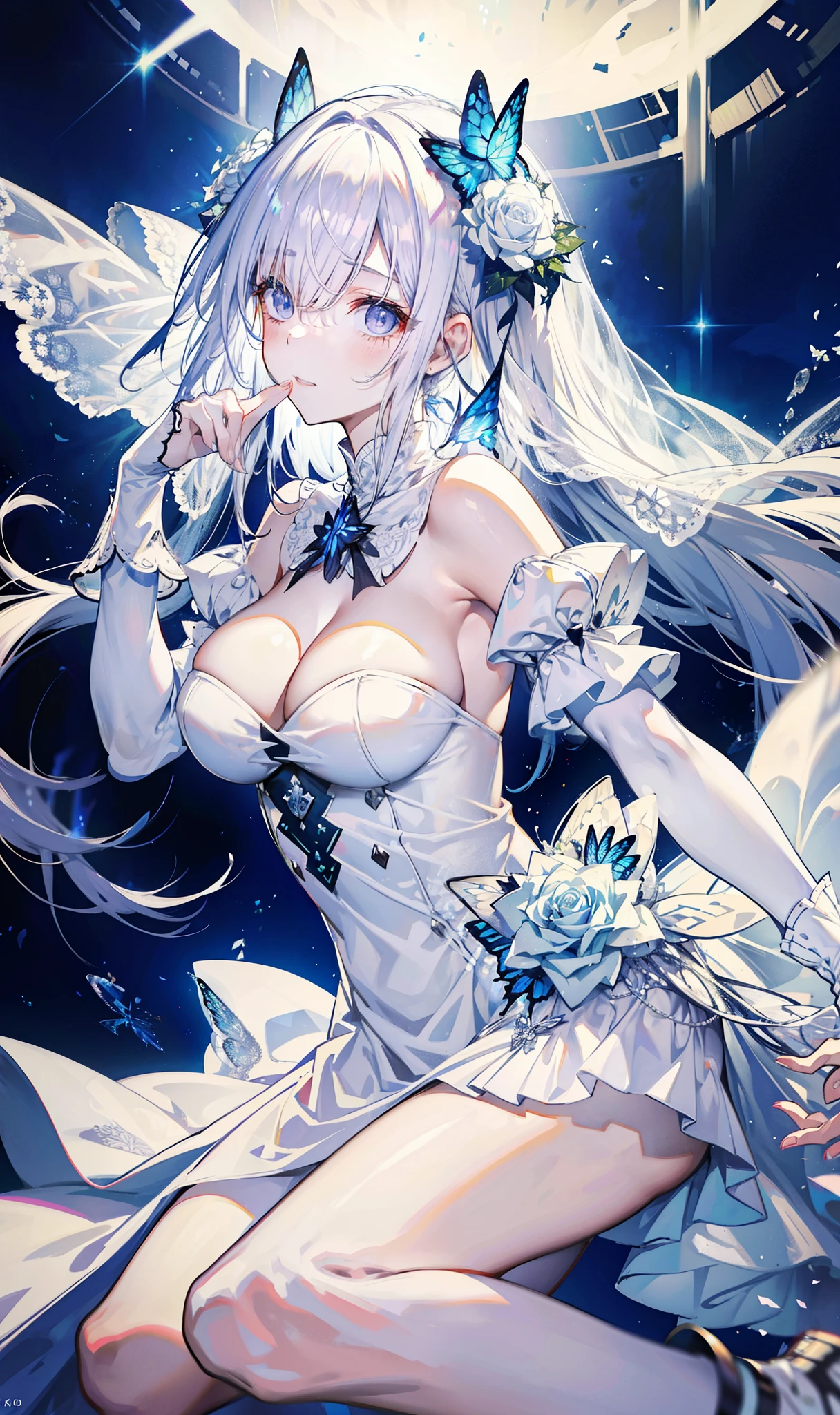 silver hair，Butterfly，long white hair，white wedding dress，8k wallpaper，Detailed background，Highest resolution，Deep V big breasts，hair covering one eye，bandeau wedding dress，Chis，White Rose，tight，full-body shot