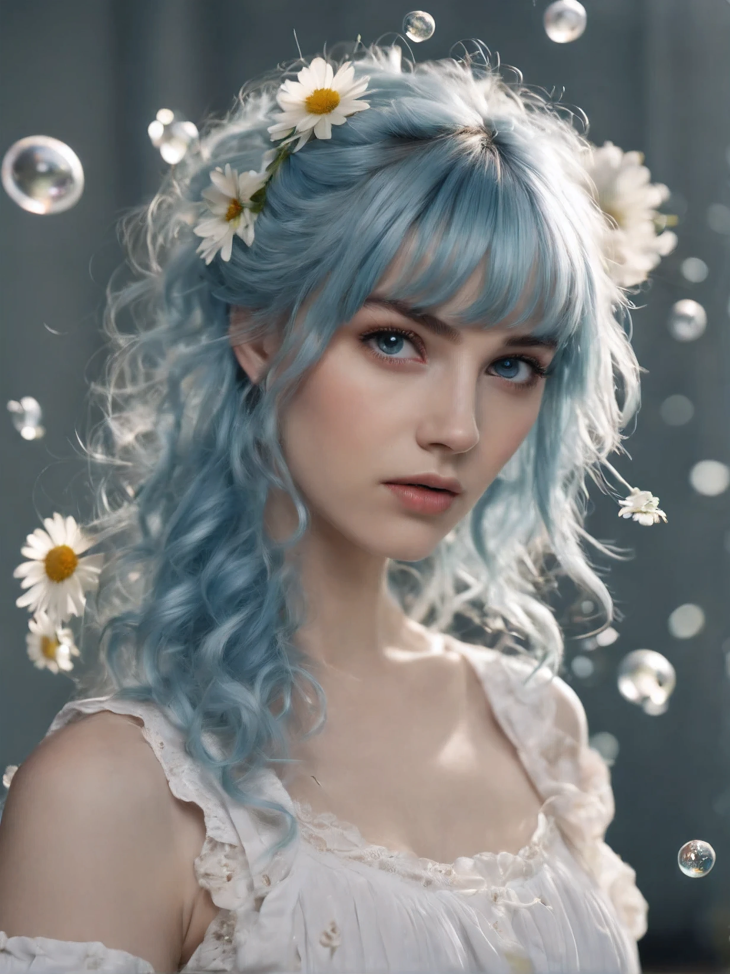 (masterpiece), (best quality), (ultra detailed),(disheveled hair),(illustration), (german-woman), (skimpy-clothing), standing, Fashion model, looking at viewer, (interview), (1850-Prussia-background),beautiful detailed eyes, delicate beautiful face, Floating,(high saturation),(colorful splashes),colorful bubble,(shining), focus on face, ponytail, , light blue hair, bangs, hair ring, floating flowers, floating hairs, (shining), best lighting, best shadow,